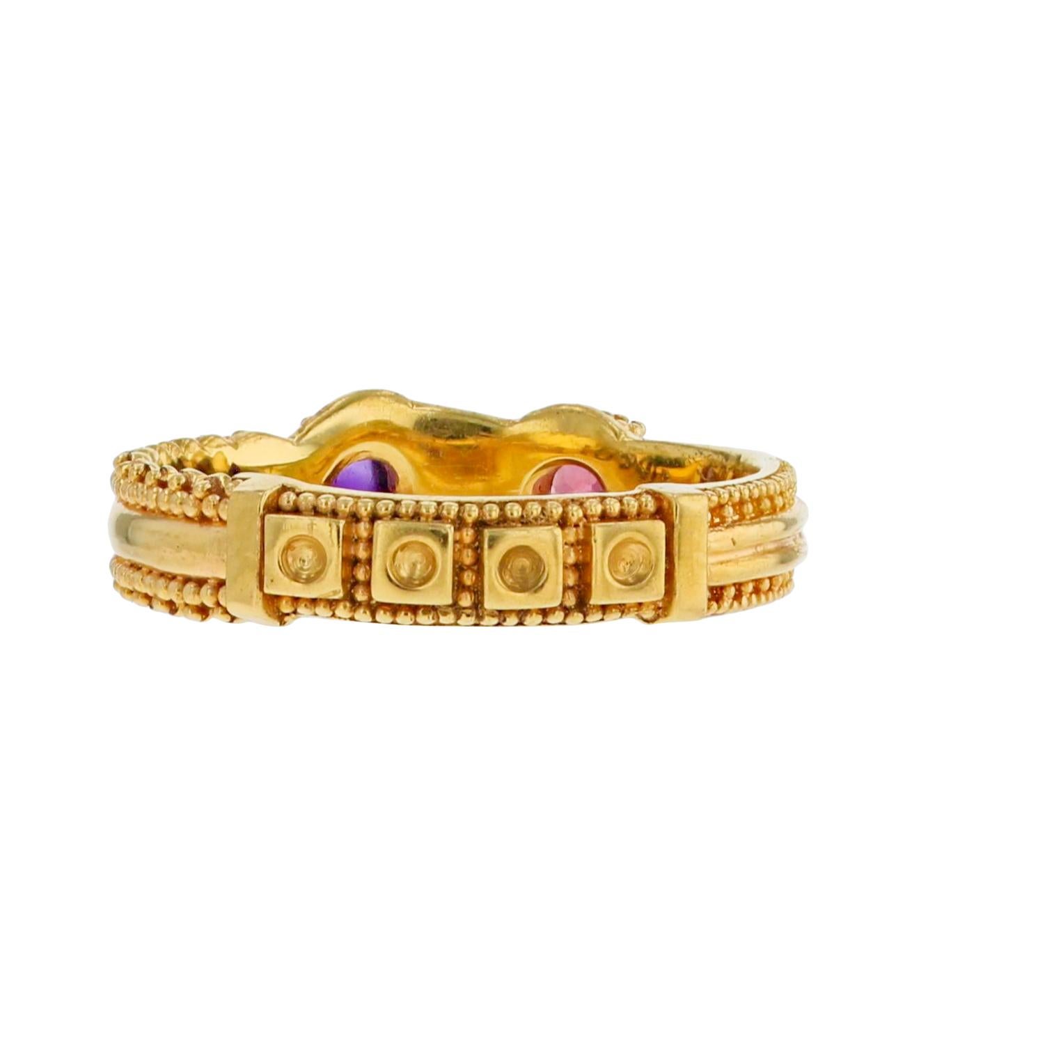 Artisan Kent Raible 18 Karat Gold Rhodolite Garnet and Amethyst Ring, Gold Granulation For Sale