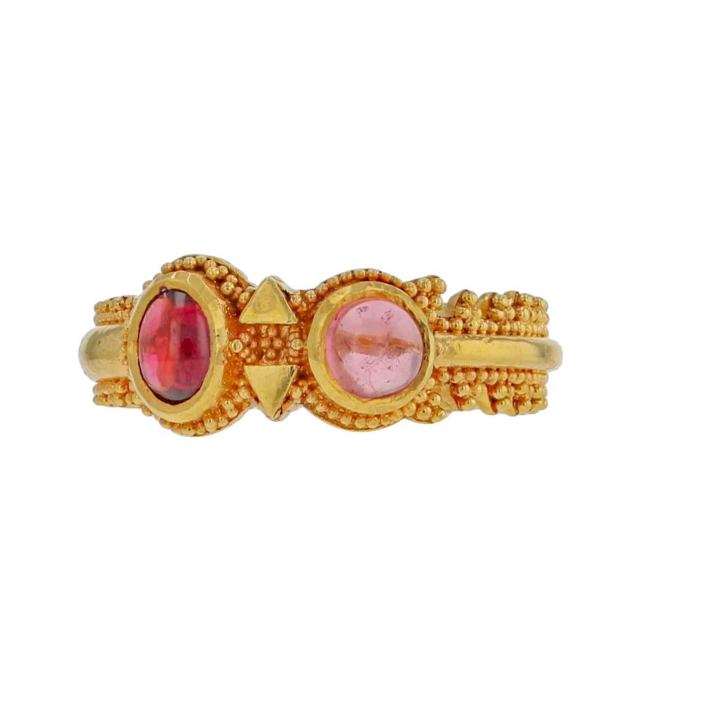 Artisan Kent Raible 18 Karat Gold Rhodolite Garnet, Pink Tourmaline Ring, Granulation For Sale