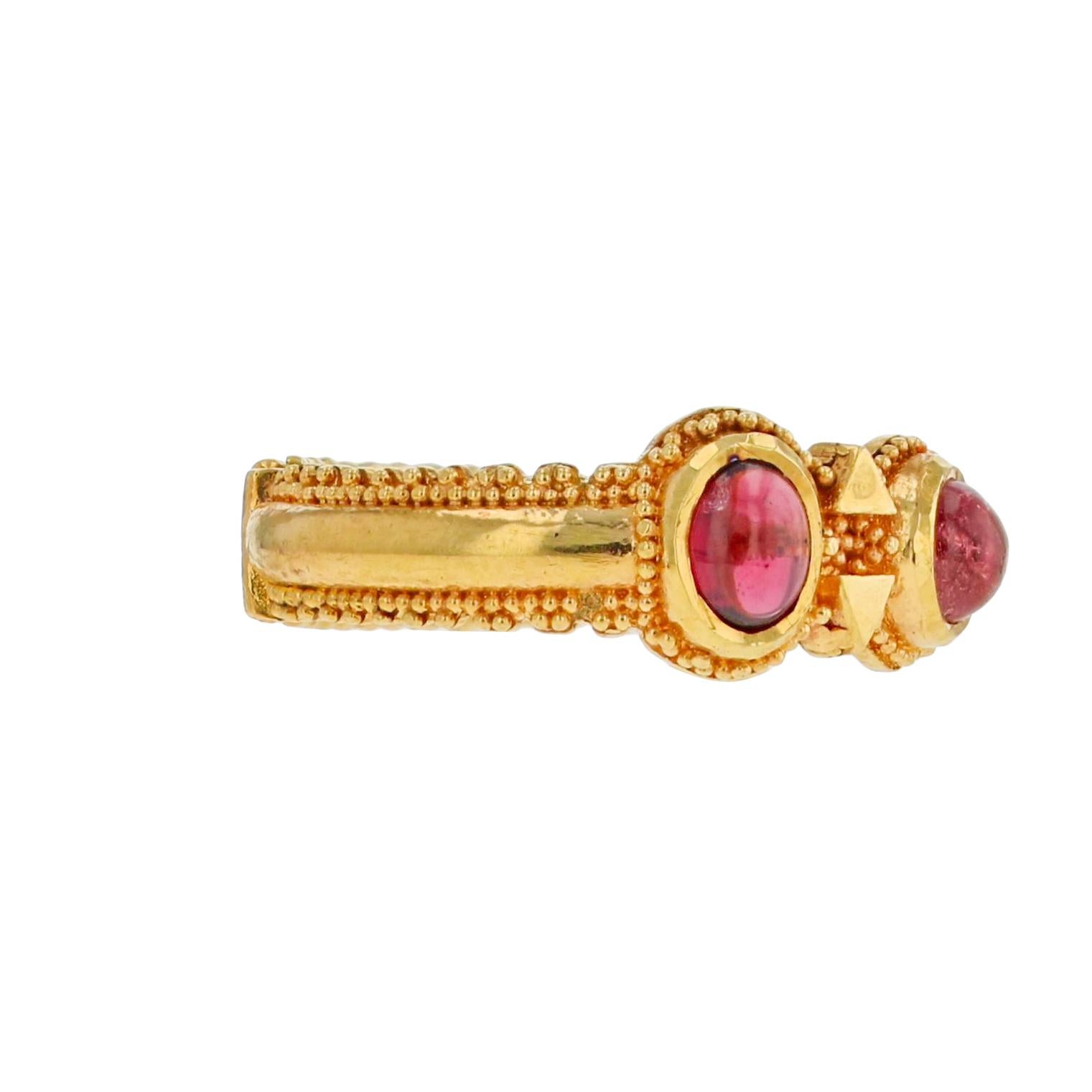 Women's or Men's Kent Raible 18 Karat Gold Rhodolite Garnet, Pink Tourmaline Ring, Granulation For Sale