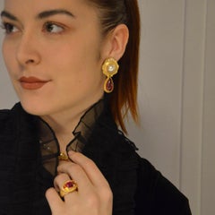 Kent Raible, boucles d'oreilles en or 18 carats, rubellite et perle Mabe avec diamants