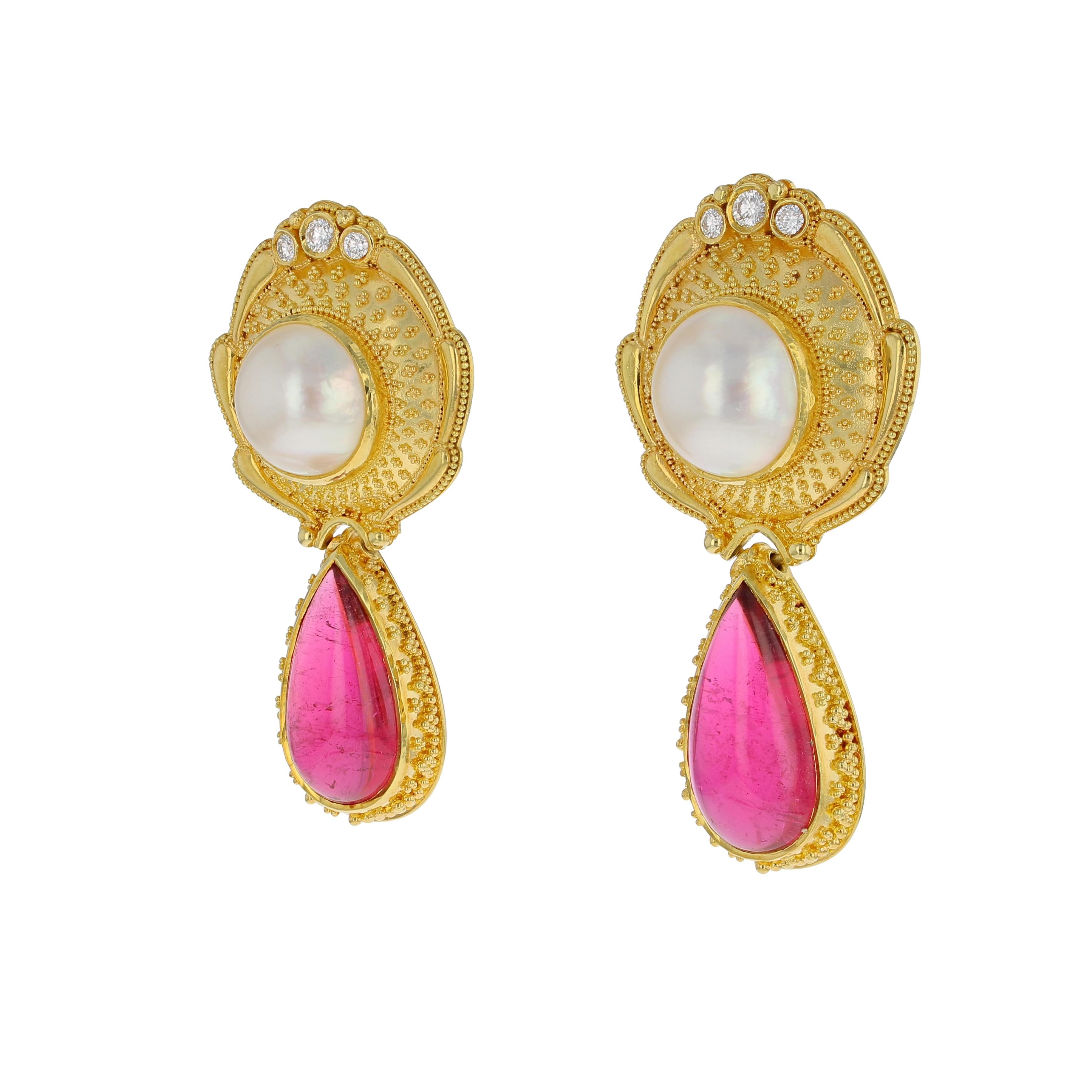 Artisan Kent Raible 18 Karat Gold Rubellite and Mabe Pearl Earring with Diamonds For Sale