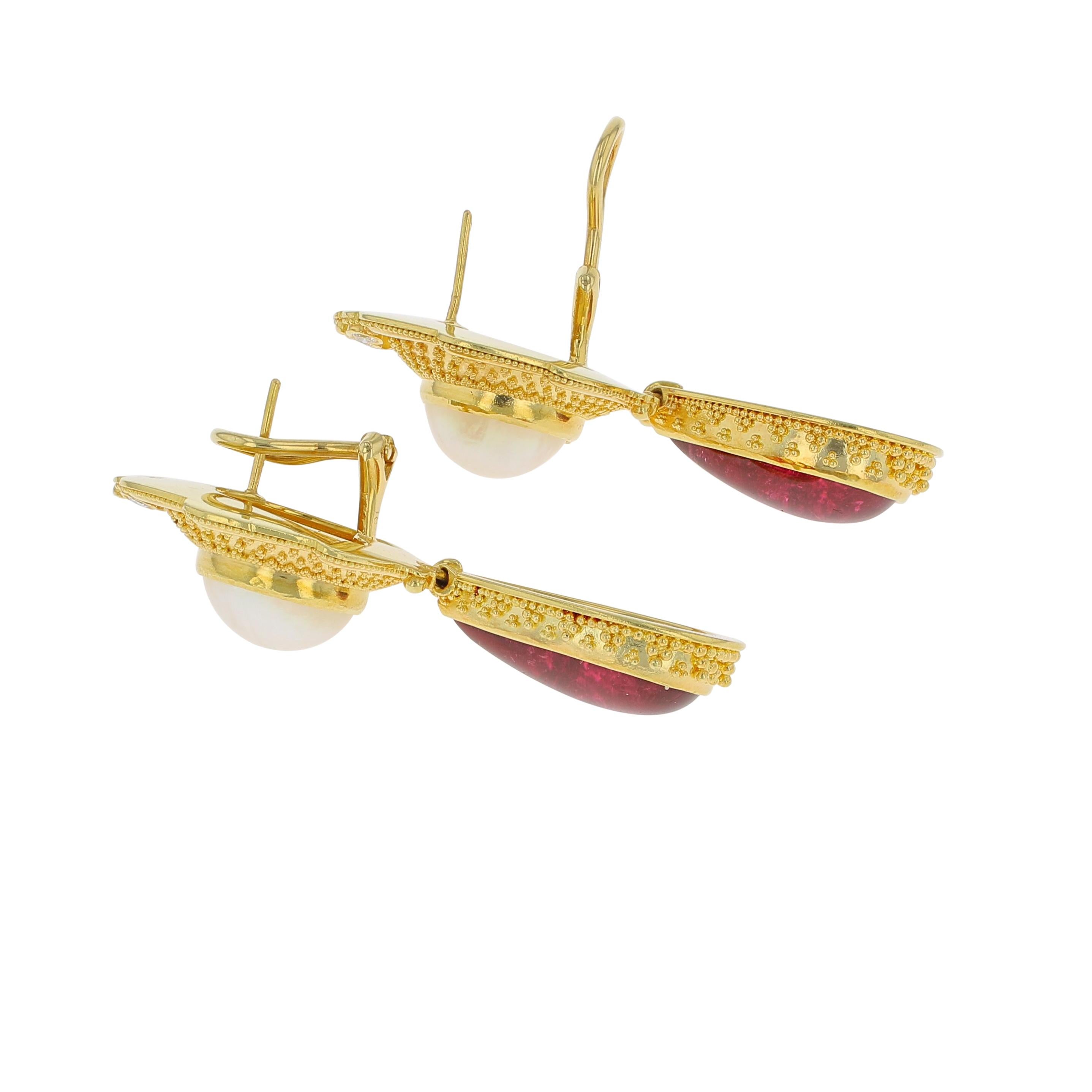 Mixed Cut Kent Raible 18 Karat Gold Rubellite and Mabe Pearl Earring with Diamonds For Sale