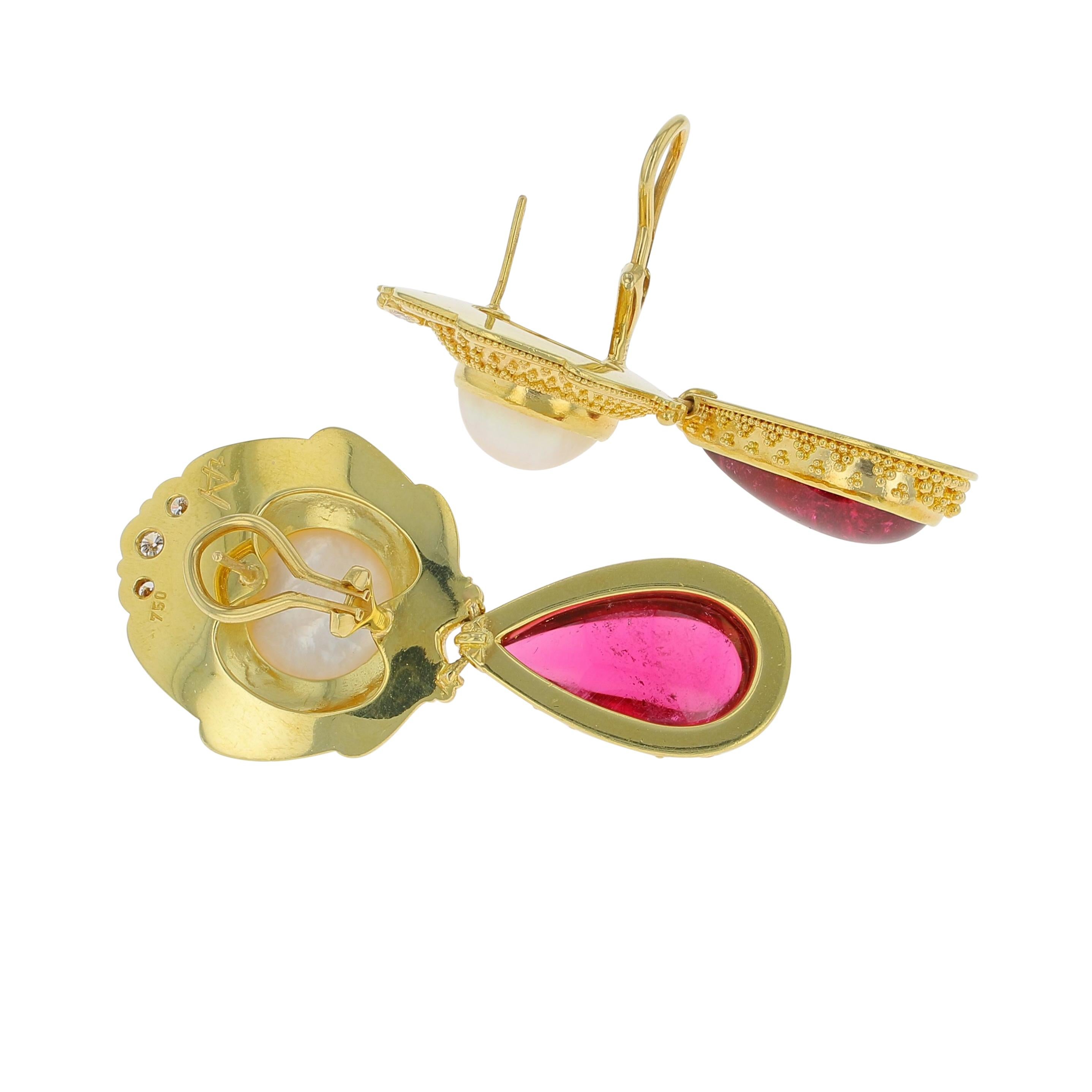 Kent Raible 18 Karat Gold Rubellite and Mabe Pearl Earring with Diamonds In New Condition For Sale In Mossrock, WA