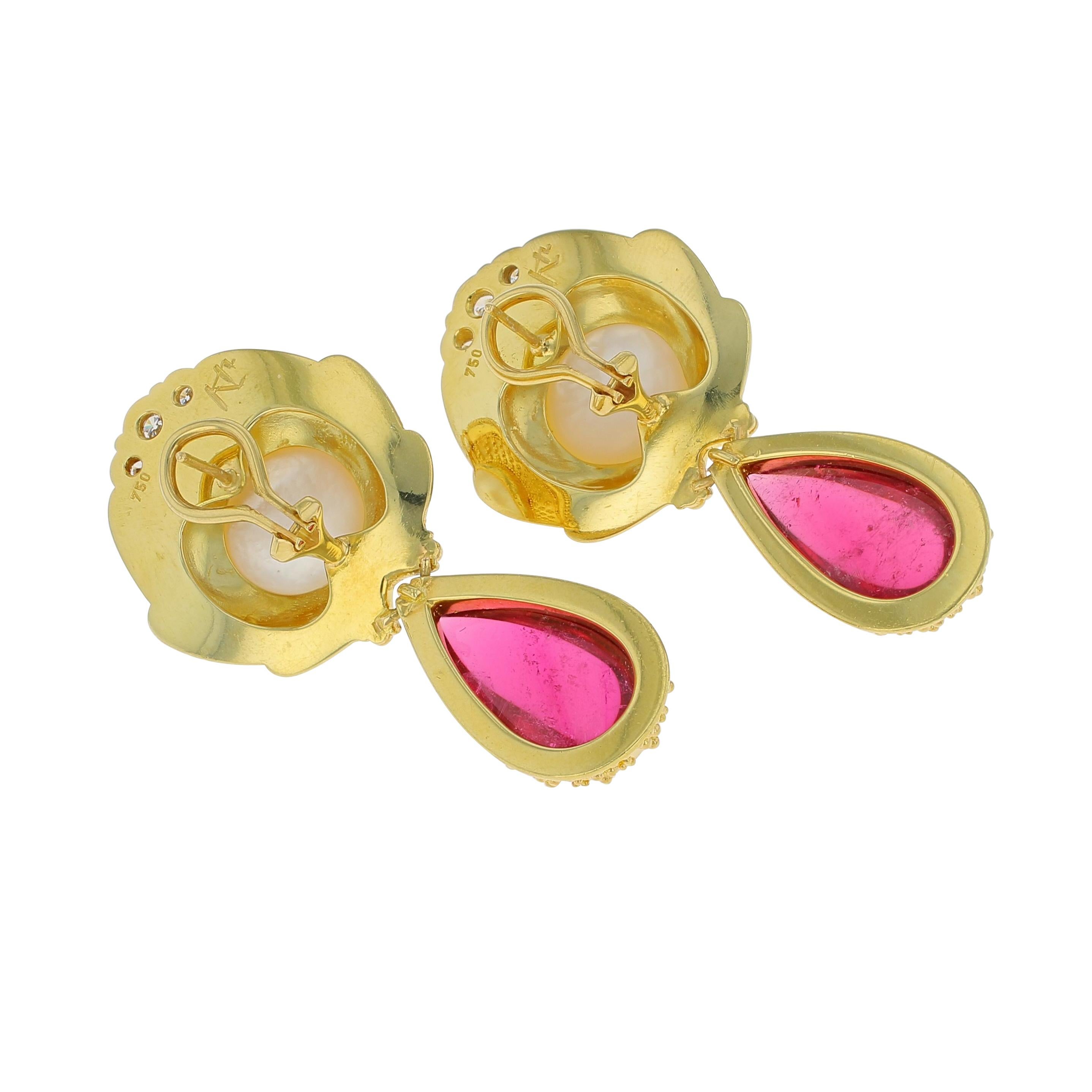 Women's or Men's Kent Raible 18 Karat Gold Rubellite and Mabe Pearl Earring with Diamonds For Sale