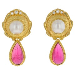 Kent Raible 18 Karat Gold Rubellite and Mabe Pearl Earring with Diamonds