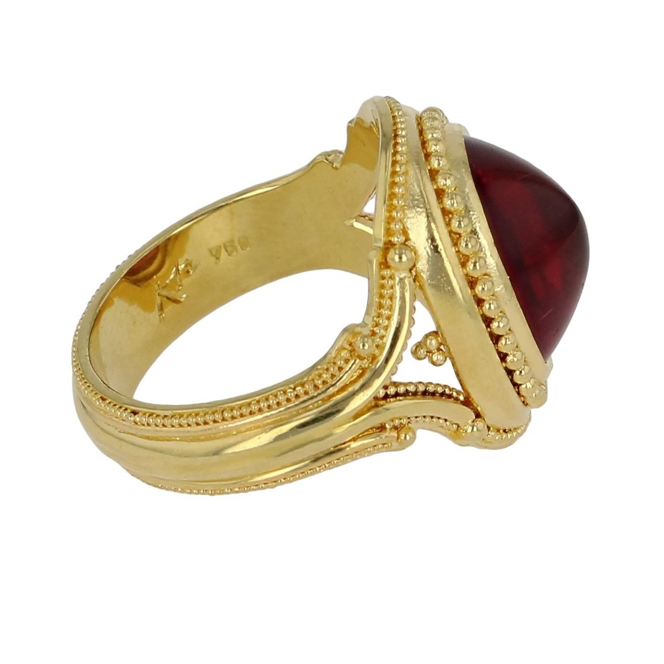 Artisan Kent Raible 18 Karat Gold Rubellite Tourmaline Cocktail Ring with Granulation For Sale