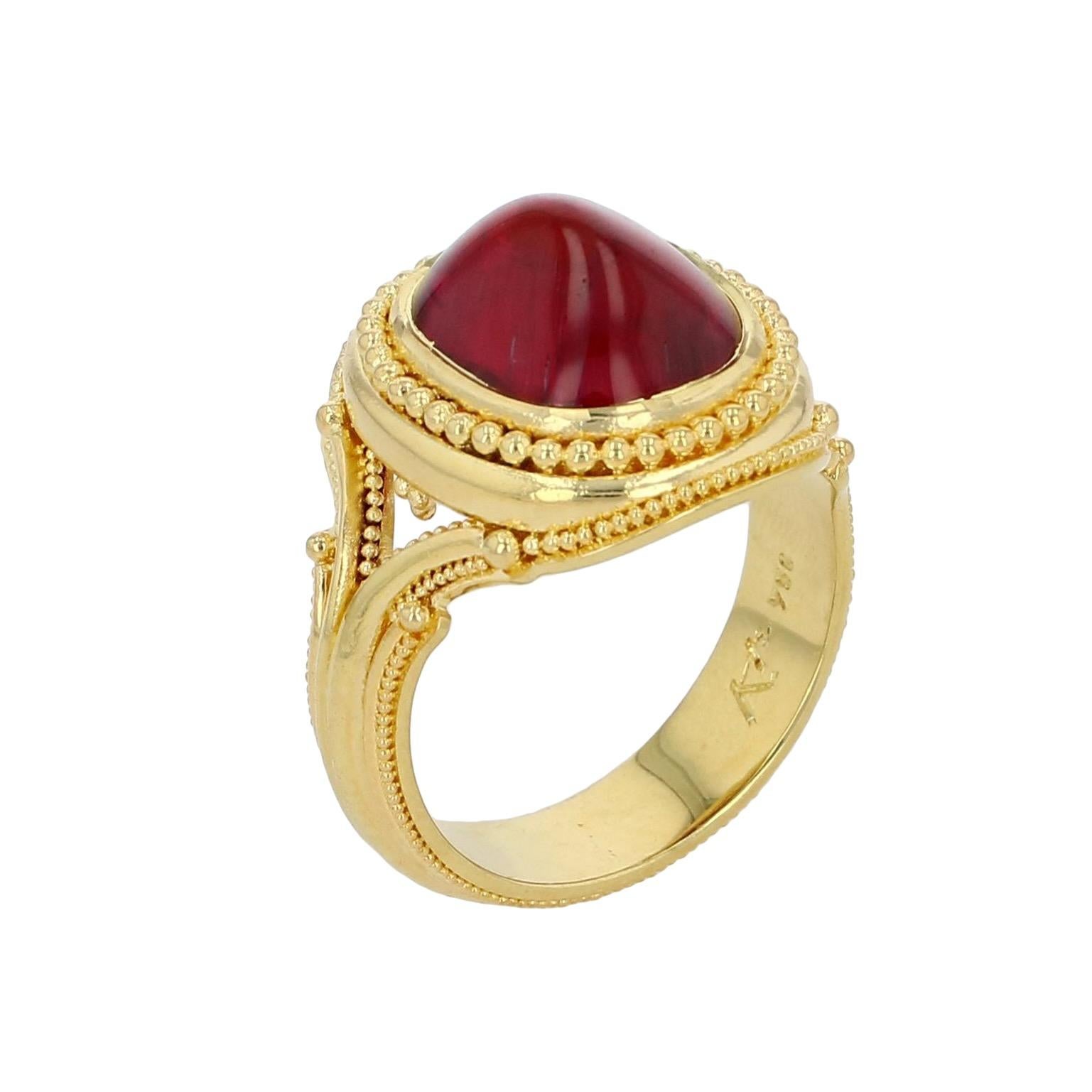 Cabochon Kent Raible 18 Karat Gold Rubellite Tourmaline Cocktail Ring with Granulation For Sale