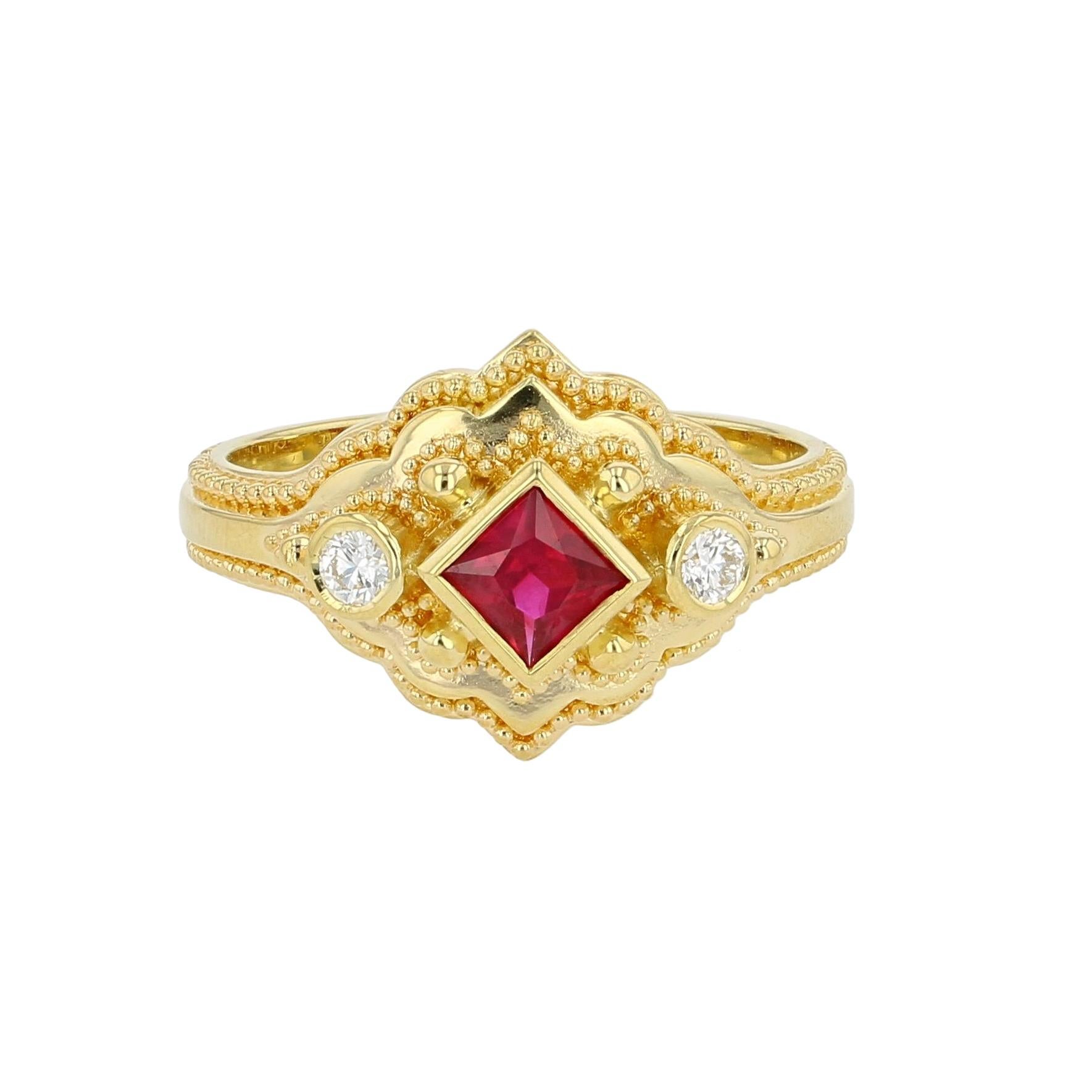 With a Princess Cut Ruby at its apex, this three stone ring tells the story of Kent's unique style. You can see here that we have first a band of gold, with detail set around yet another band of gold. Atop that, another layer of fine granulation