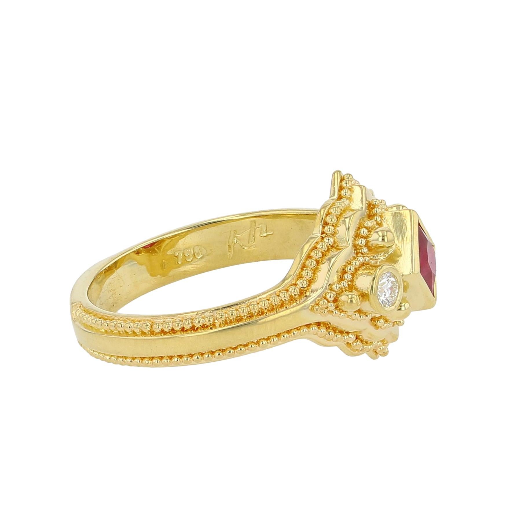 Artisan 18 karat Gold Ruby and Diamond Cocktail Ring with fine Granulation For Sale