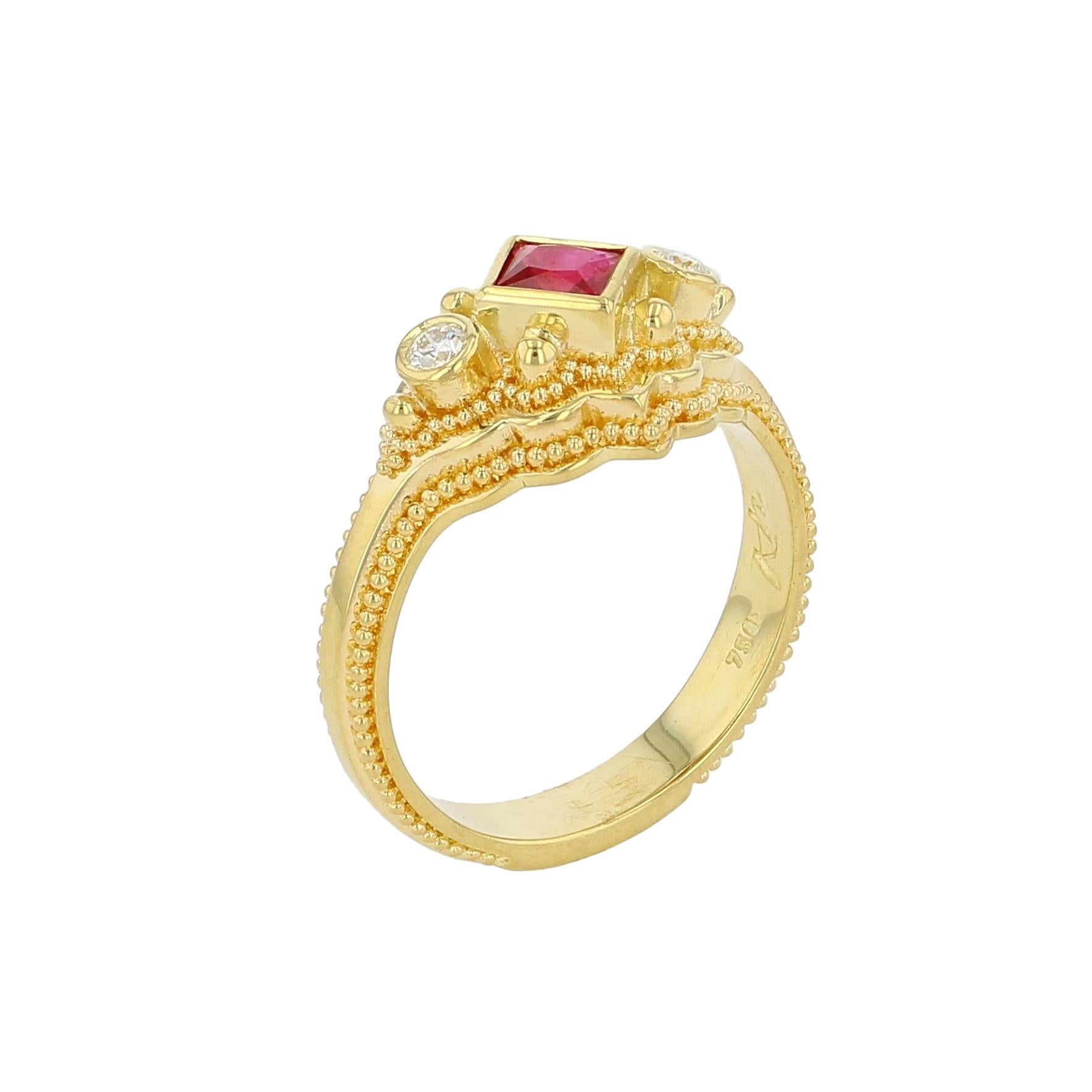 18 karat Gold Ruby and Diamond Cocktail Ring with fine Granulation In New Condition For Sale In Mossrock, WA