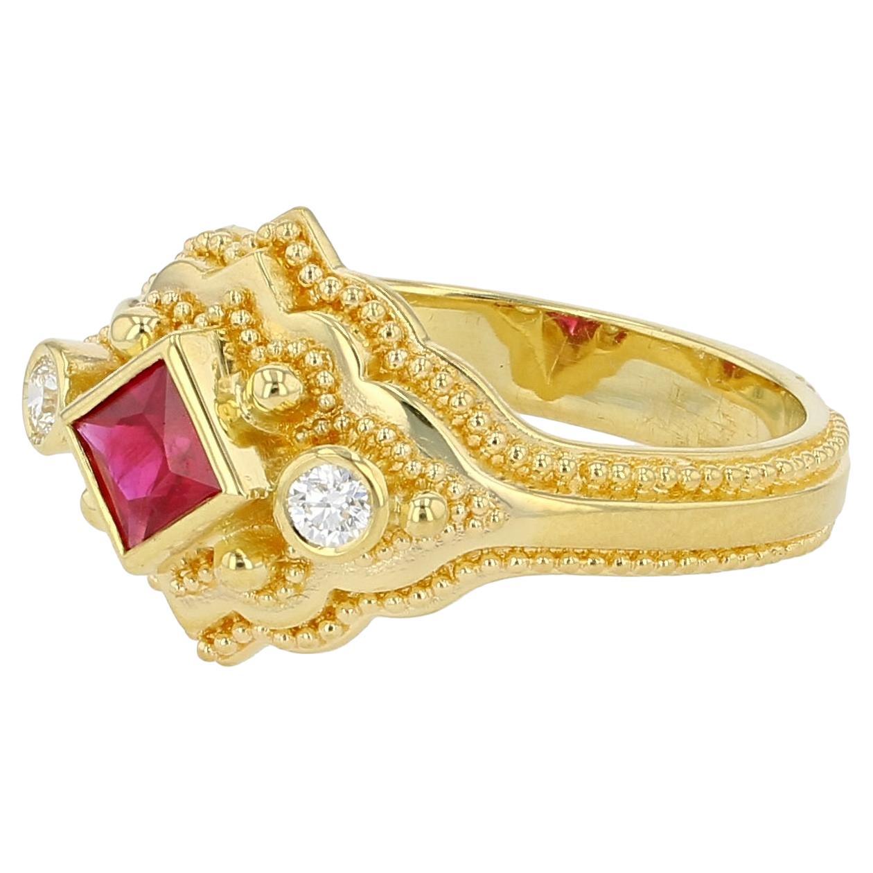 18 karat Gold Ruby and Diamond Cocktail Ring with fine Granulation For Sale