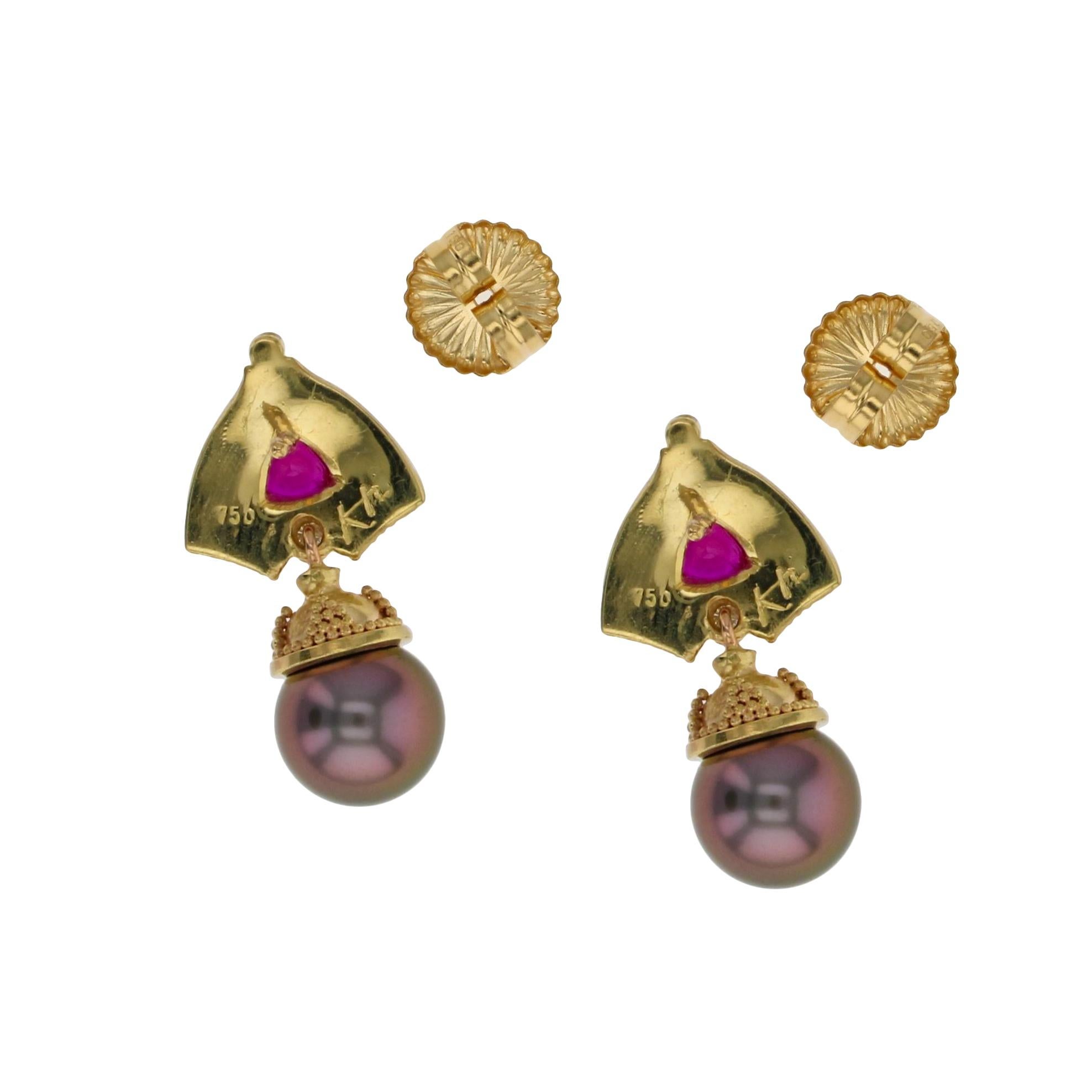 Mixed Cut Kent Raible 18 Karat Gold Ruby, Diamond, Black Pearl Drop Earrings, Granulation