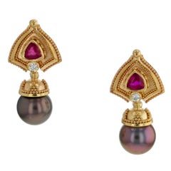 Kent Raible 18 Karat Gold Ruby, Diamond, Black Pearl Drop Earrings, Granulation