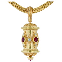 Used Kent Raible 18 Karat Gold, Ruby & Diamond Prayer Wheel Pendant Necklace Enhancer