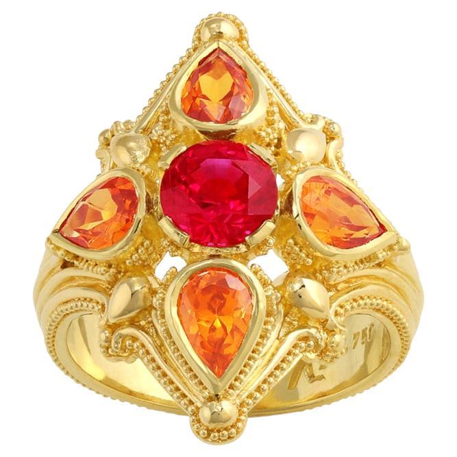 Kent Raible 18 Karat Gold Ruby, Mandarin Garnet Cocktail Ring with Granulation For Sale