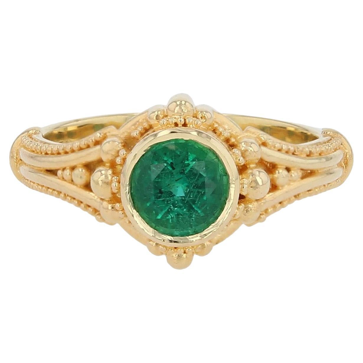 Kent Raible 18 Karat Gold Solitaire Ring with Emerald and Granulation