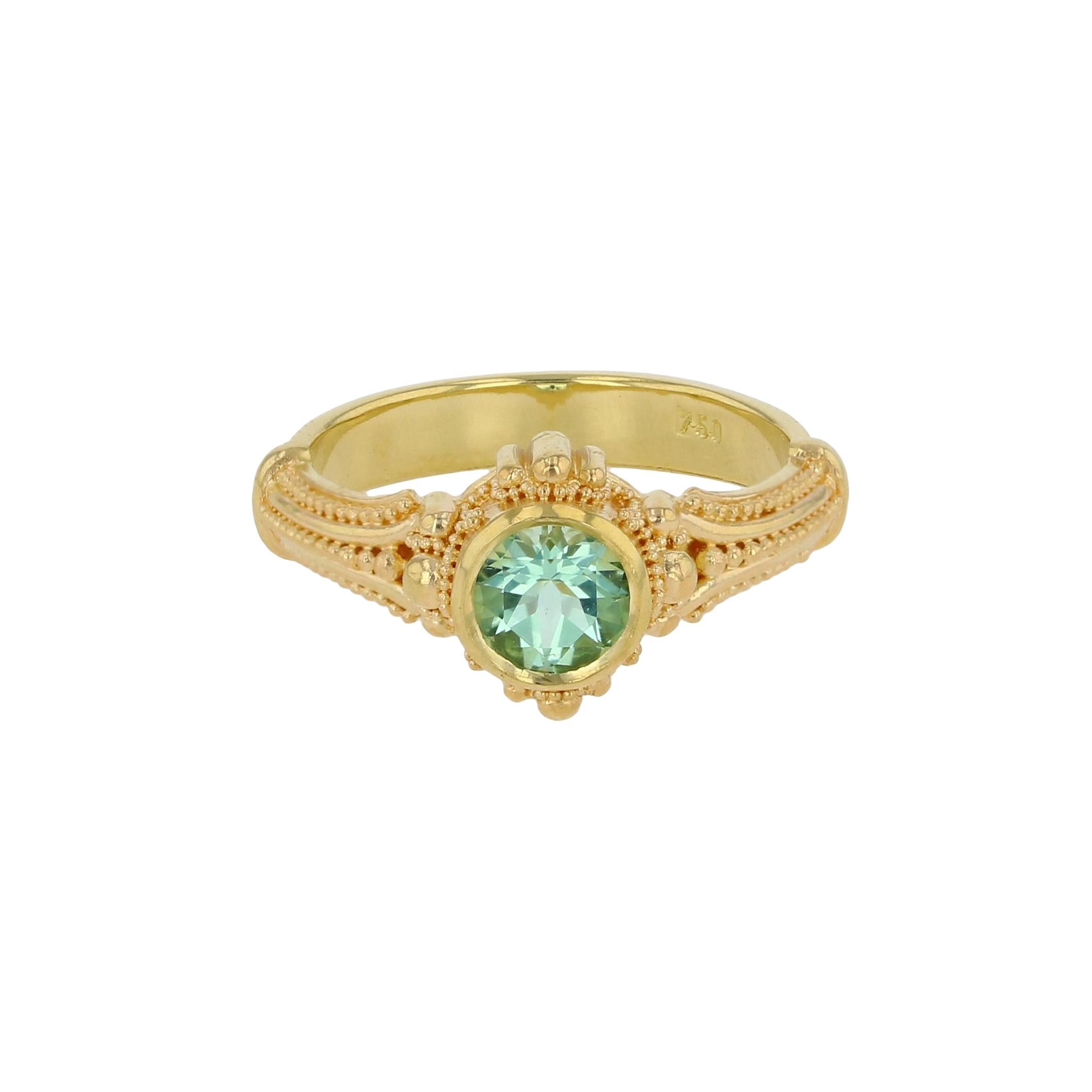 Women's or Men's Kent Raible 18 Karat Gold Solitare Ring with Seafoam Tourmaline and Granulation For Sale