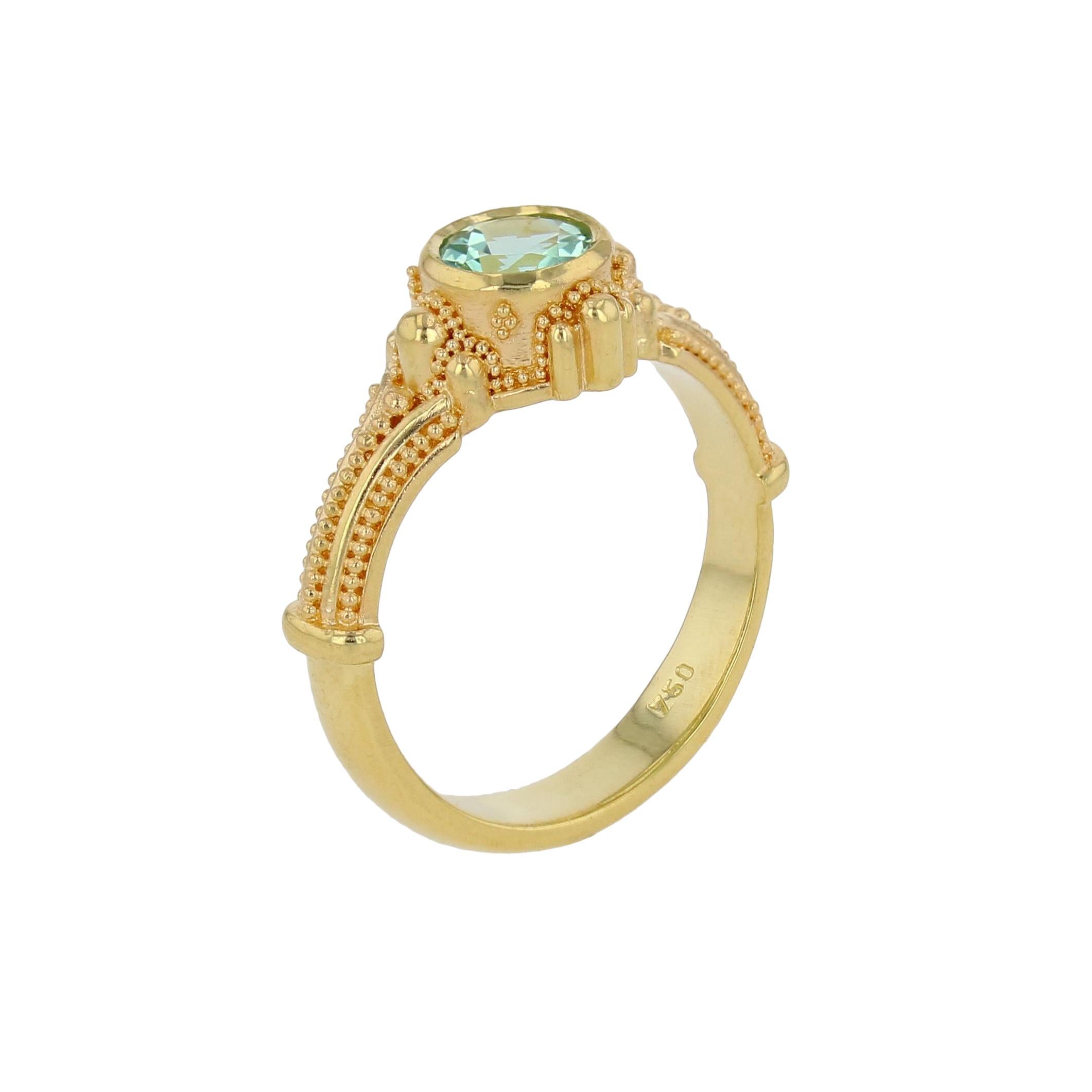 Kent Raible 18 Karat Gold Solitare Ring with Seafoam Tourmaline and Granulation For Sale 1