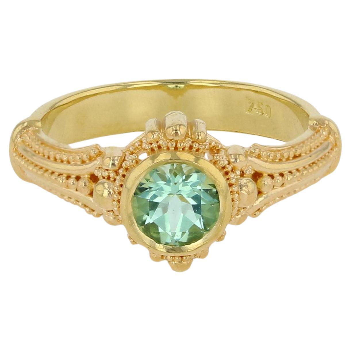 Kent Raible 18 Karat Gold Solitare Ring with Seafoam Tourmaline and Granulation For Sale