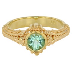 Kent Raible 18 Karat Gold Solitare Ring with Seafoam Tourmaline and Granulation