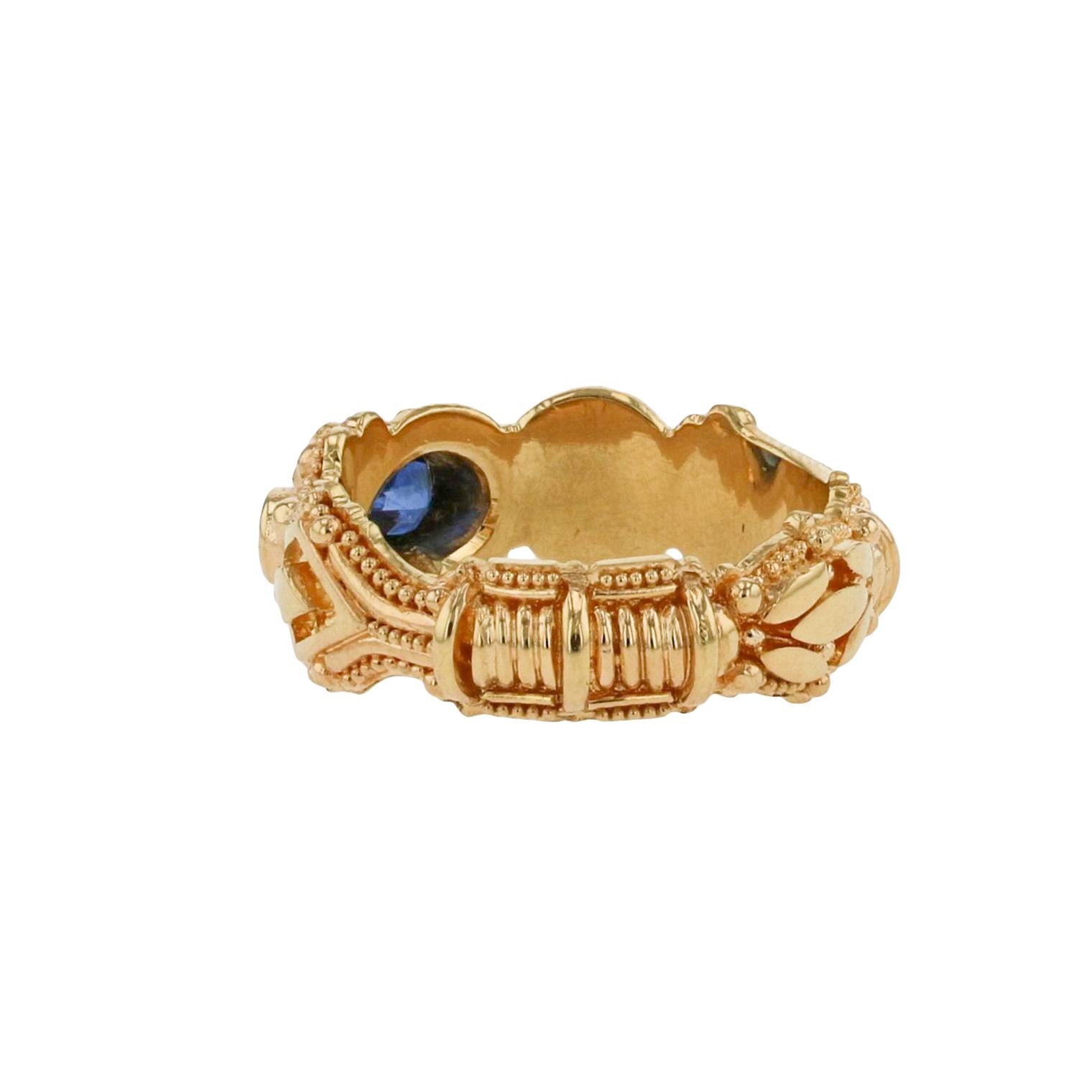 Kent Raible 18 Karat Gold Spontaneity Ring, Blues Sapphire and Intricate Detail In New Condition For Sale In Mossrock, WA