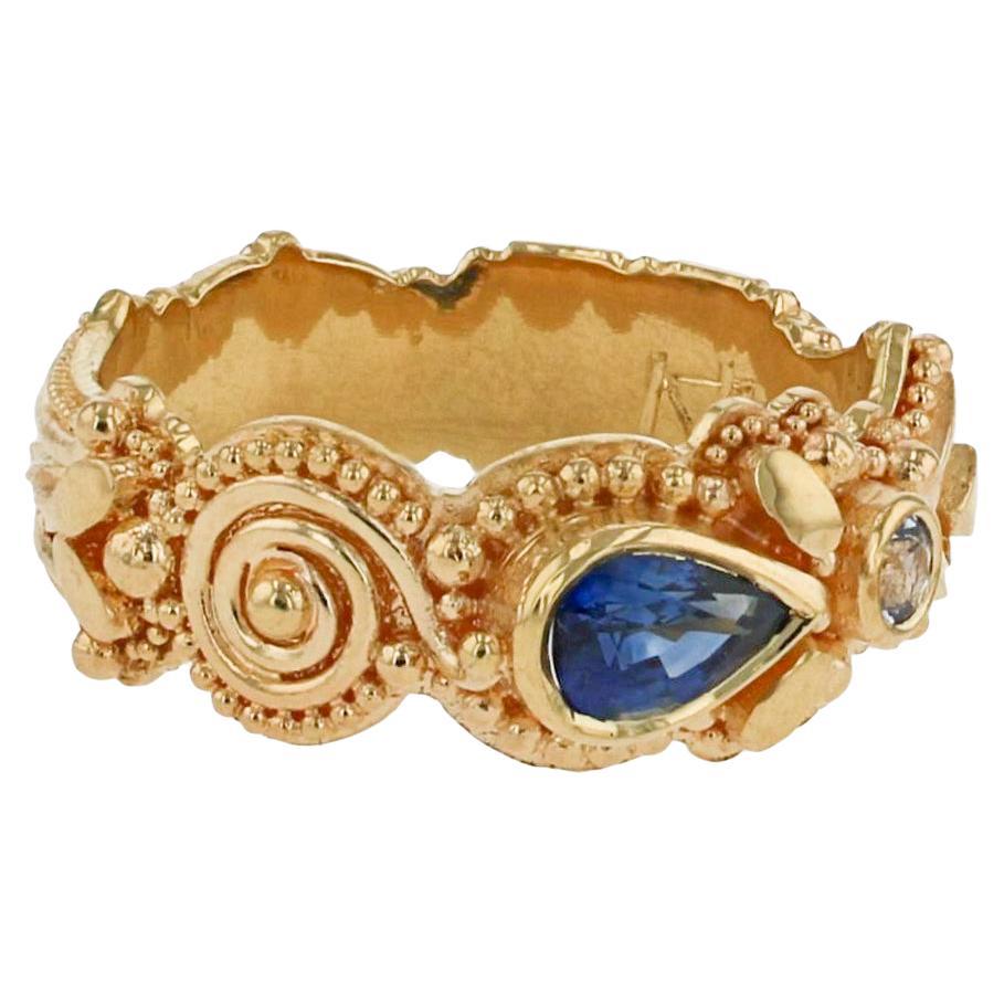 Kent Raible 18 Karat Gold Spontaneity Ring, Blues Sapphire and Intricate Detail