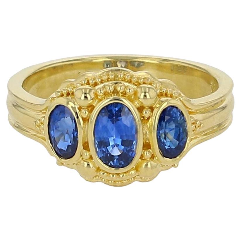 Kent Raible 18 karat Gold three stone Blue Sapphire Ring with Fine Granulation