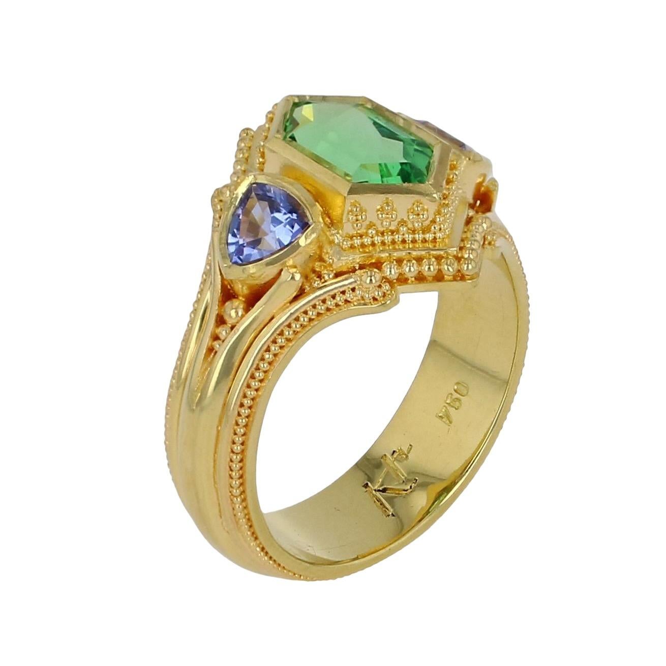 Kent Raible 18 karat Gold Tsavorite Garnet and Tanzanite Cocktail Ring In New Condition For Sale In Mossrock, WA