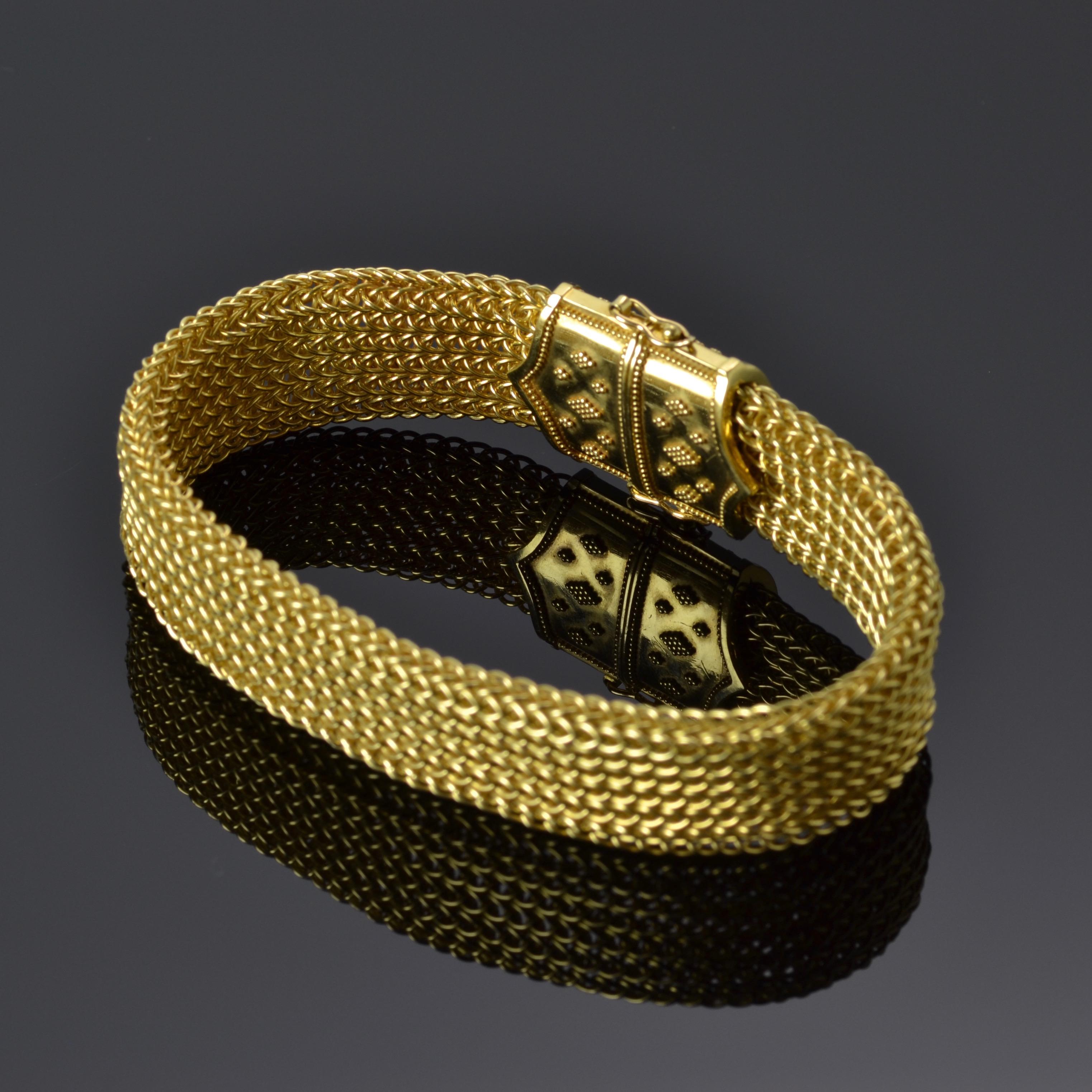 Kent Raible 18 Karat Gold Wide Woven Chain Bracelet, Tanzanite with Granulation For Sale 1