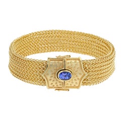 Kent Raible 18 Karat Gold Wide Woven Chain Bracelet, Tanzanite with Granulation