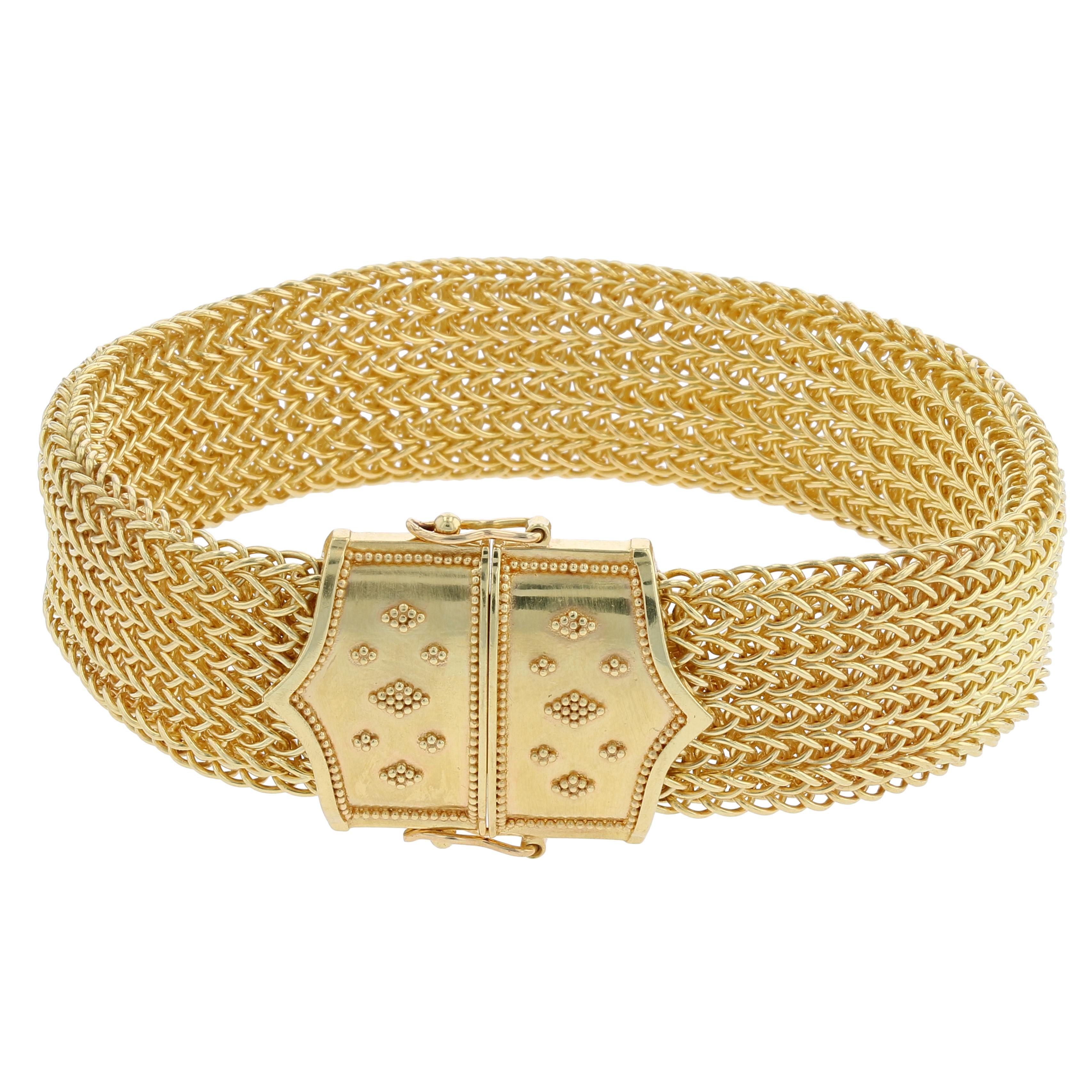 Artisan Kent Raible 18 Karat Gold Wide Woven Chain Bracelet, Tanzanite with Granulation For Sale