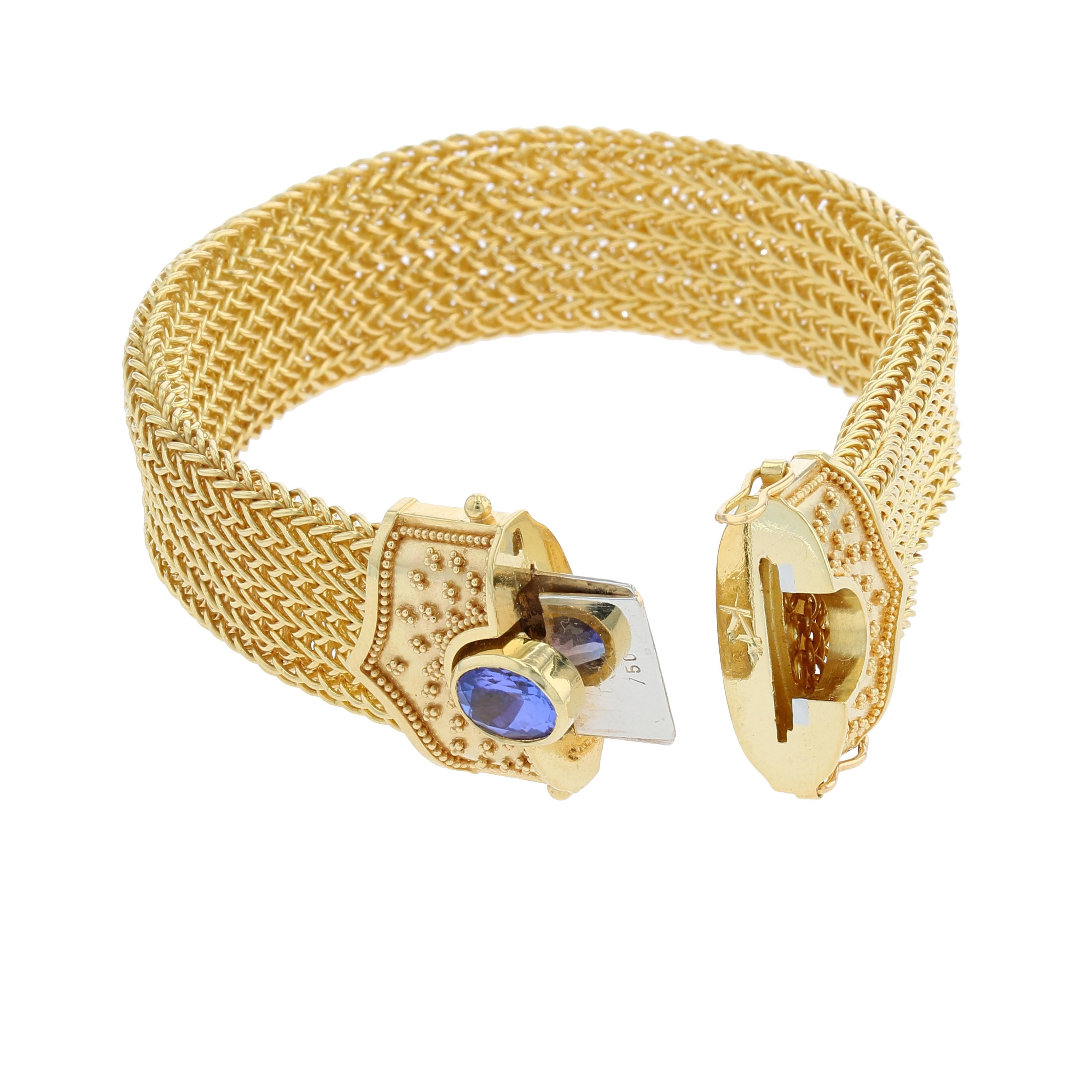 Oval Cut Kent Raible 18 Karat Gold Wide Woven Chain Bracelet, Tanzanite with Granulation For Sale