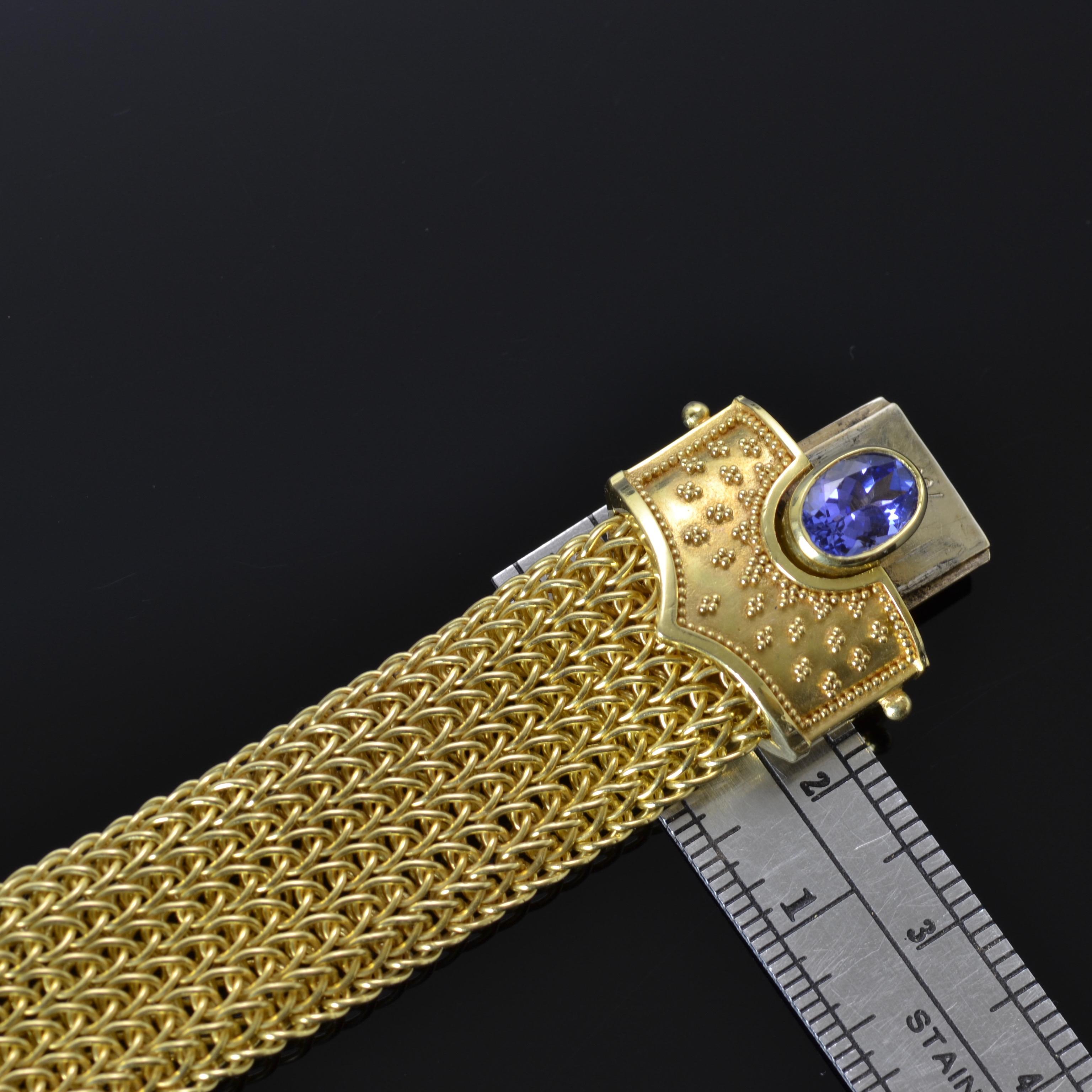 Kent Raible 18 Karat Gold Wide Woven Chain Bracelet, Tanzanite with Granulation In New Condition For Sale In Mossrock, WA
