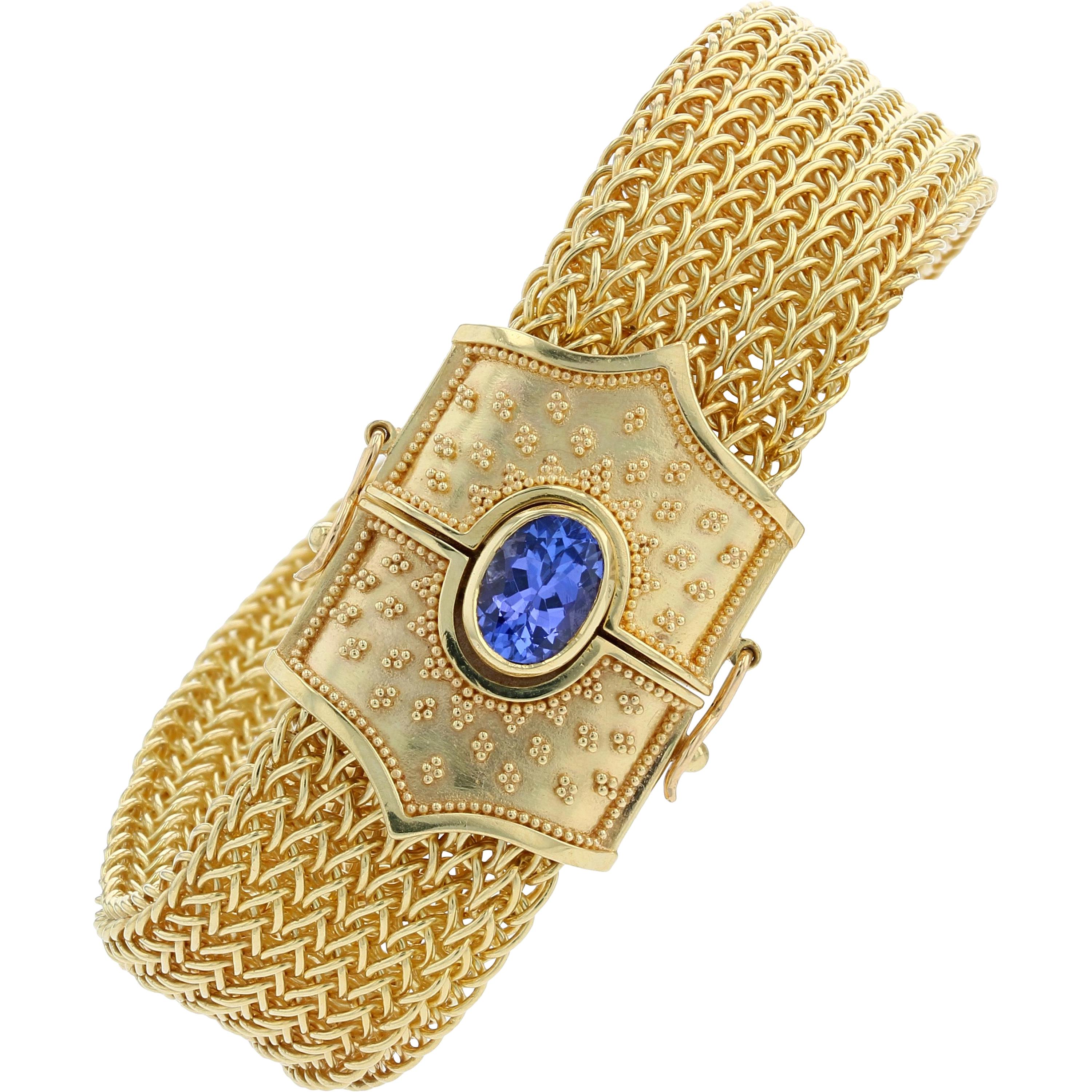 Kent Raible 18 Karat Gold Wide Woven Chain Bracelet, Tanzanite with Granulation