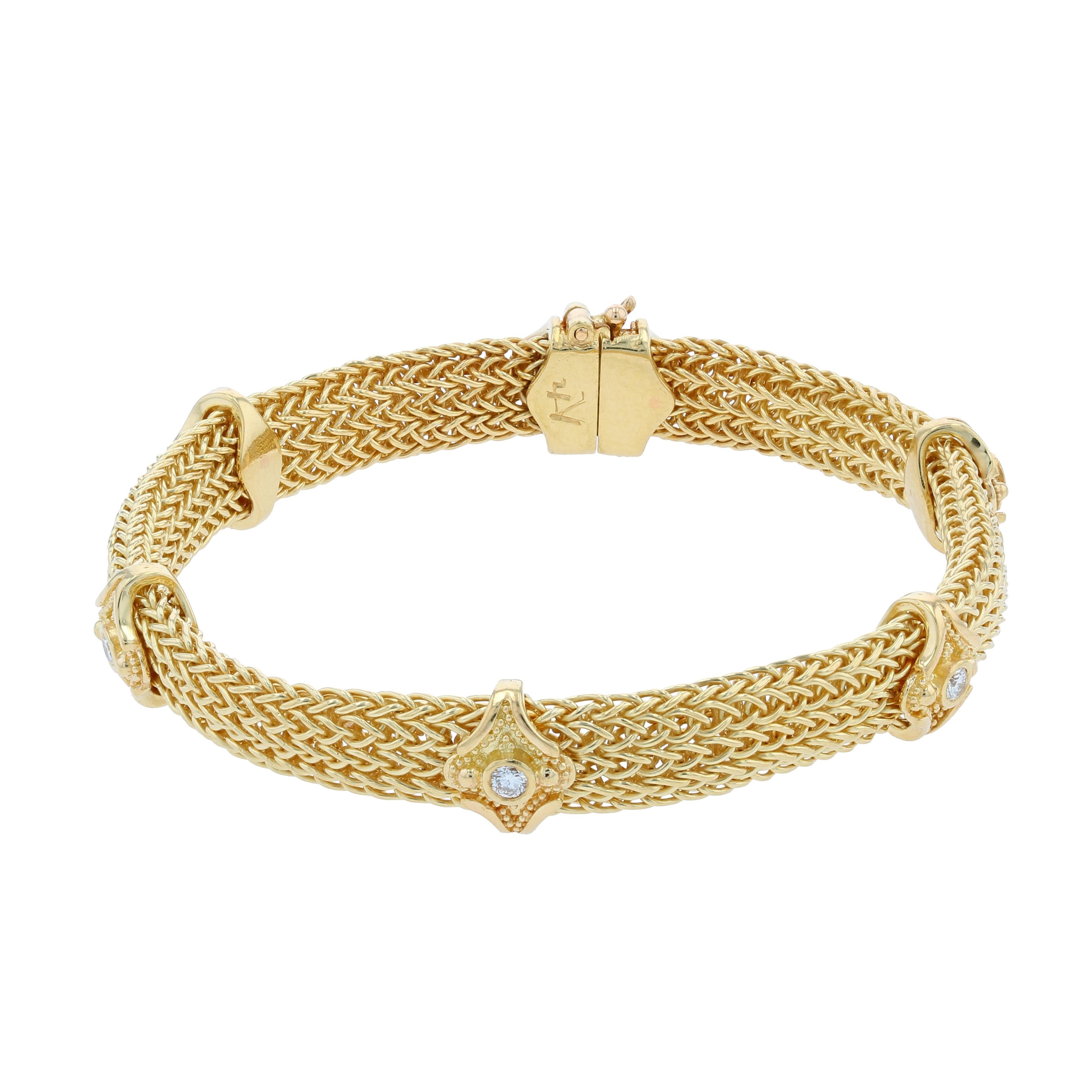 Artisan Kent Raible 18 Karat Gold Woven Chain Bracelet with Diamonds and Granulation