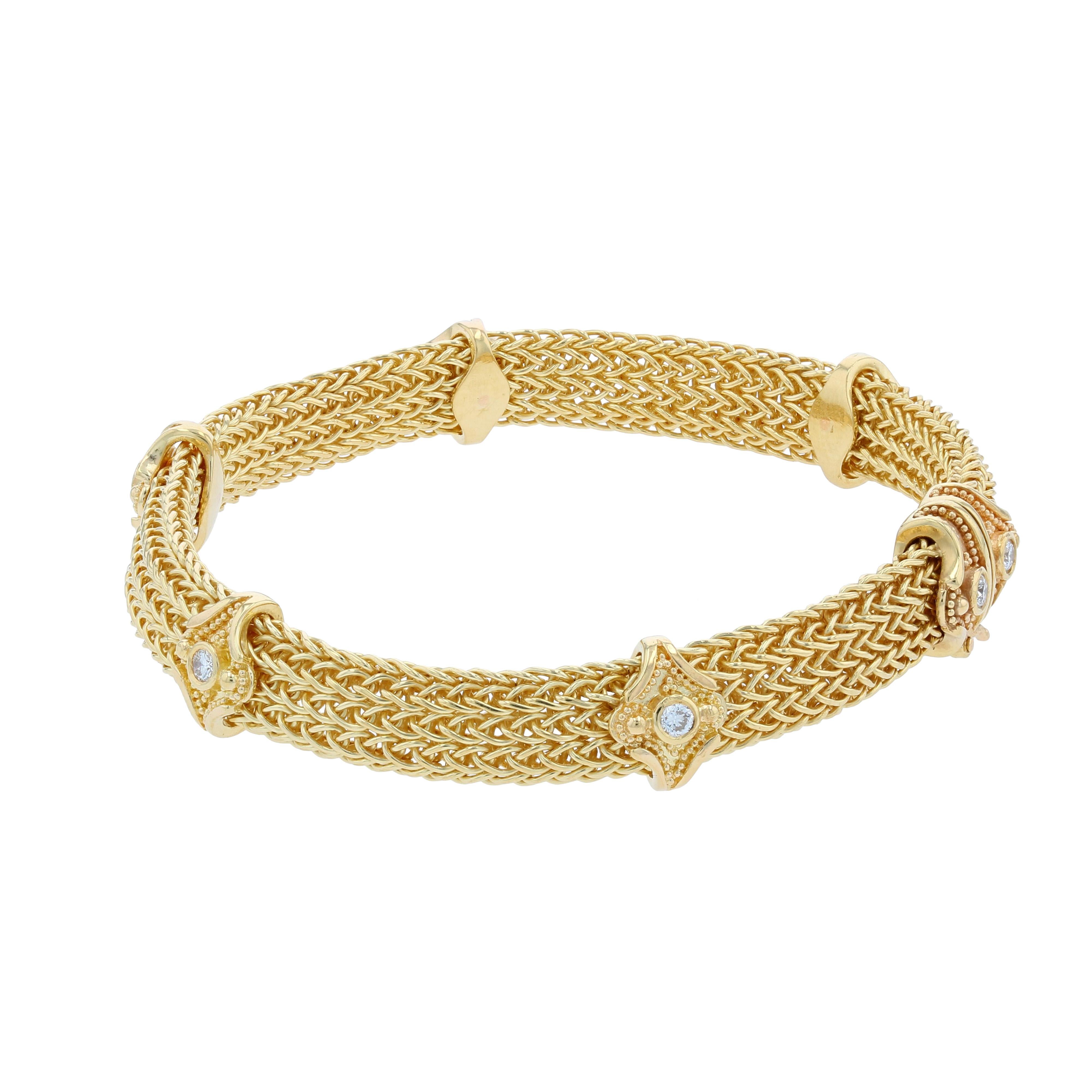 Brilliant Cut Kent Raible 18 Karat Gold Woven Chain Bracelet with Diamonds and Granulation
