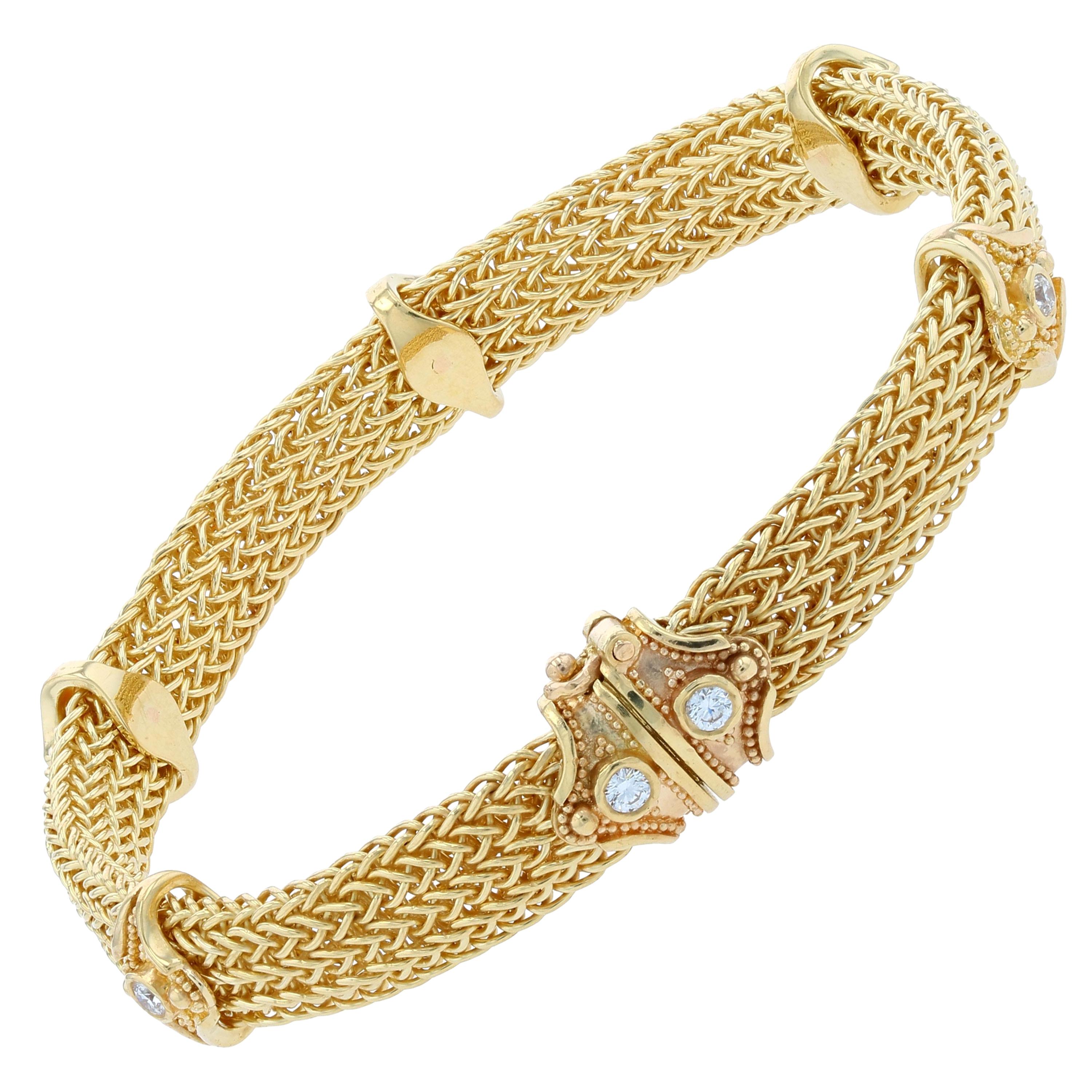 Kent Raible 18 Karat Gold Woven Chain Bracelet with Diamonds and Granulation