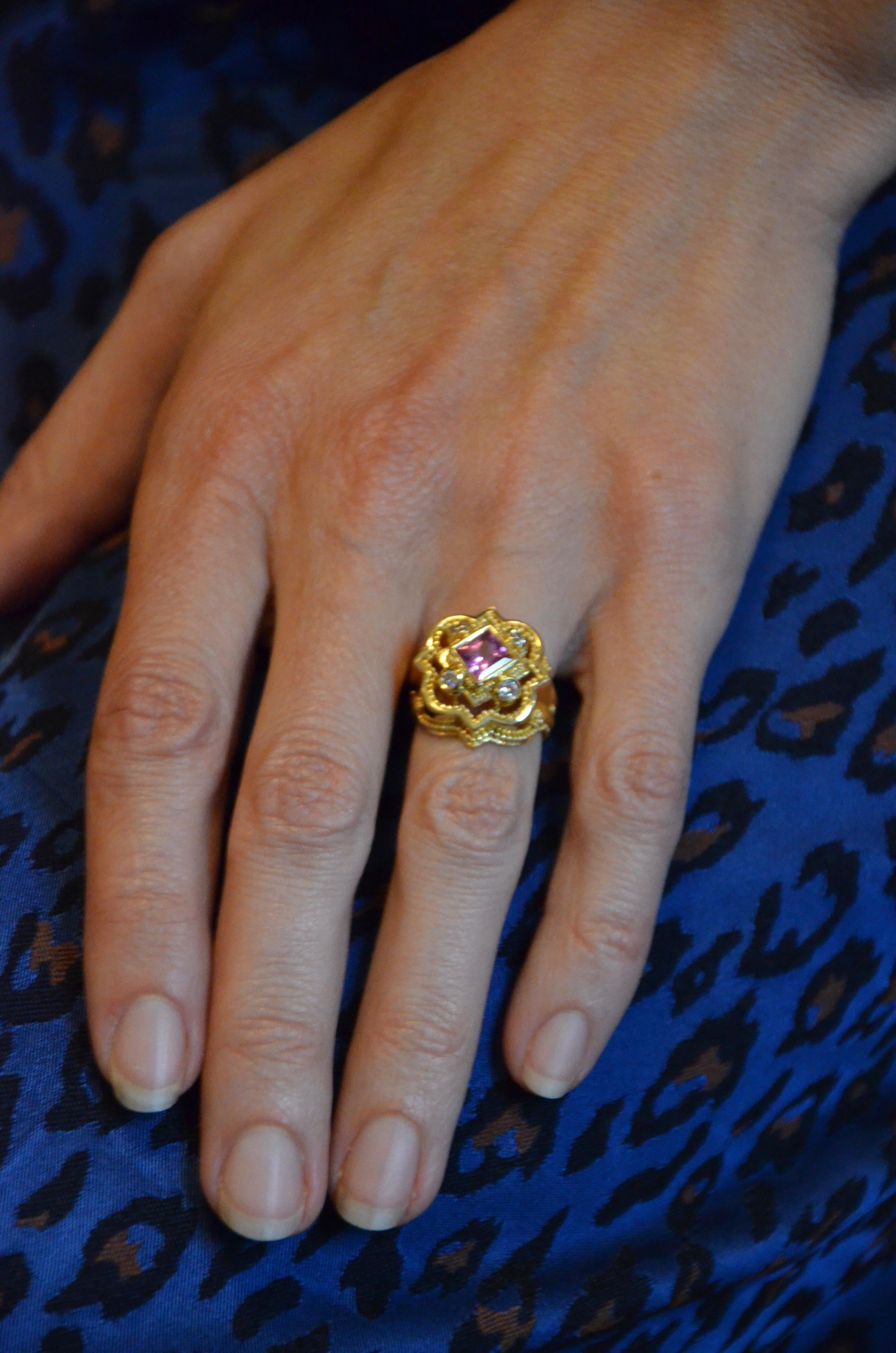 Women's or Men's Kent Raible 18 Karat Princess Pink Sapphire, Diamond Cocktail Ring, Granulation For Sale