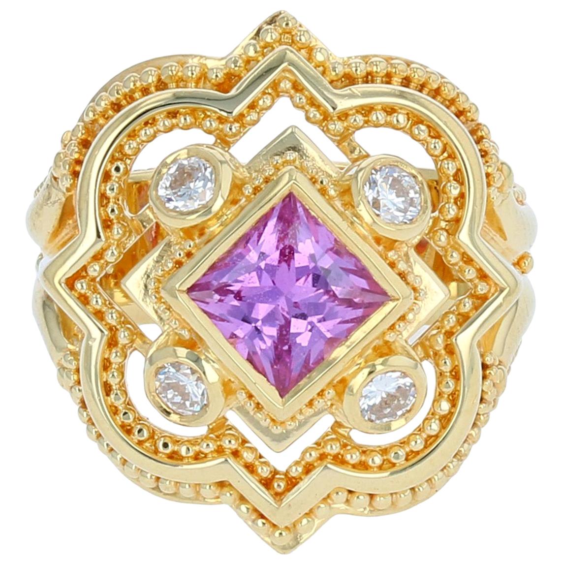 Kent Raible 18 Karat Princess Pink Sapphire, Diamond Cocktail Ring, Granulation For Sale