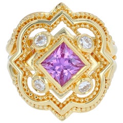 Kent Raible 18 Karat Princess Pink Sapphire, Diamond Cocktail Ring, Granulation