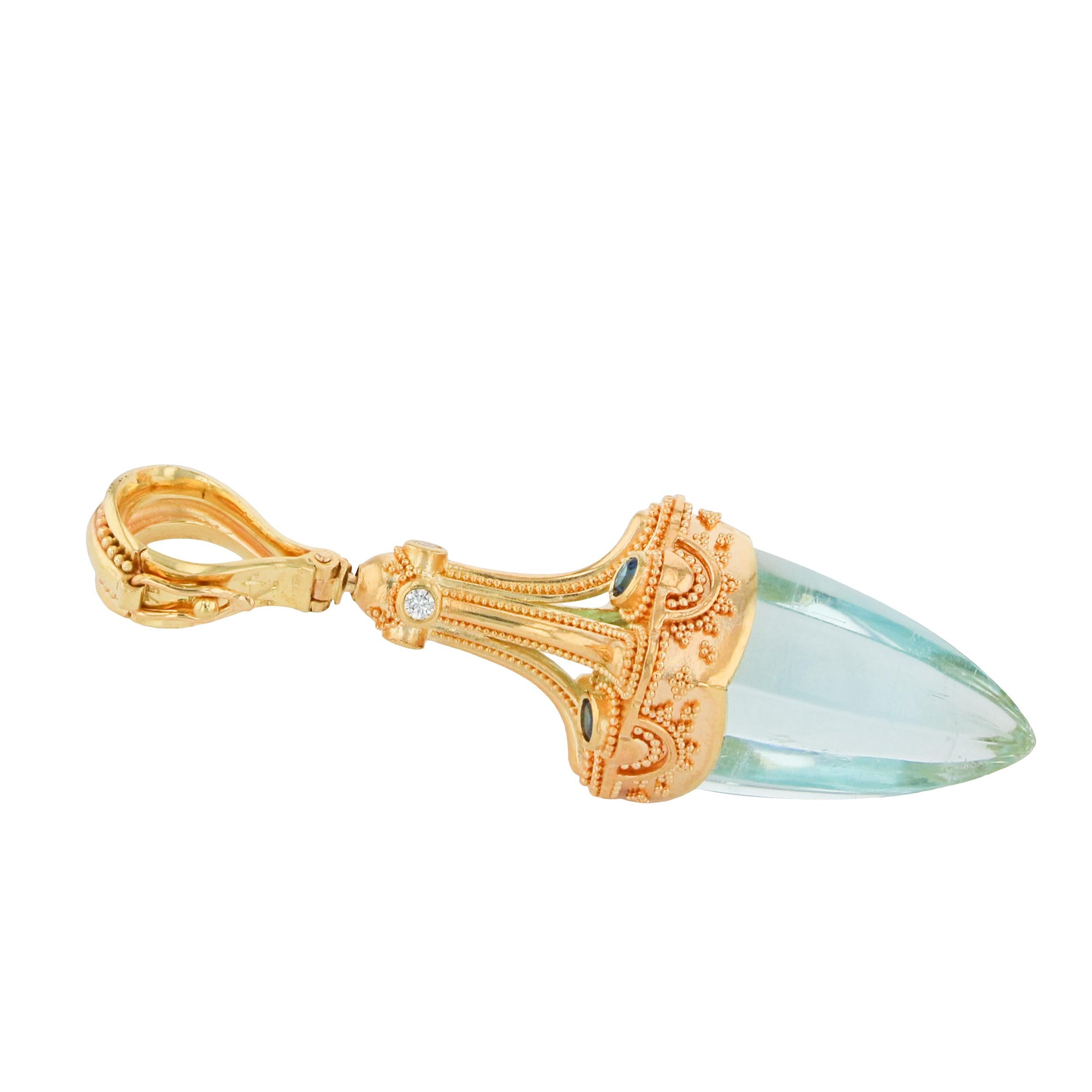Kent Raible 18K Gold Aqua, Diamond, Sapphire Pendulum Pendant Necklace Enhancer In New Condition In Mossrock, WA