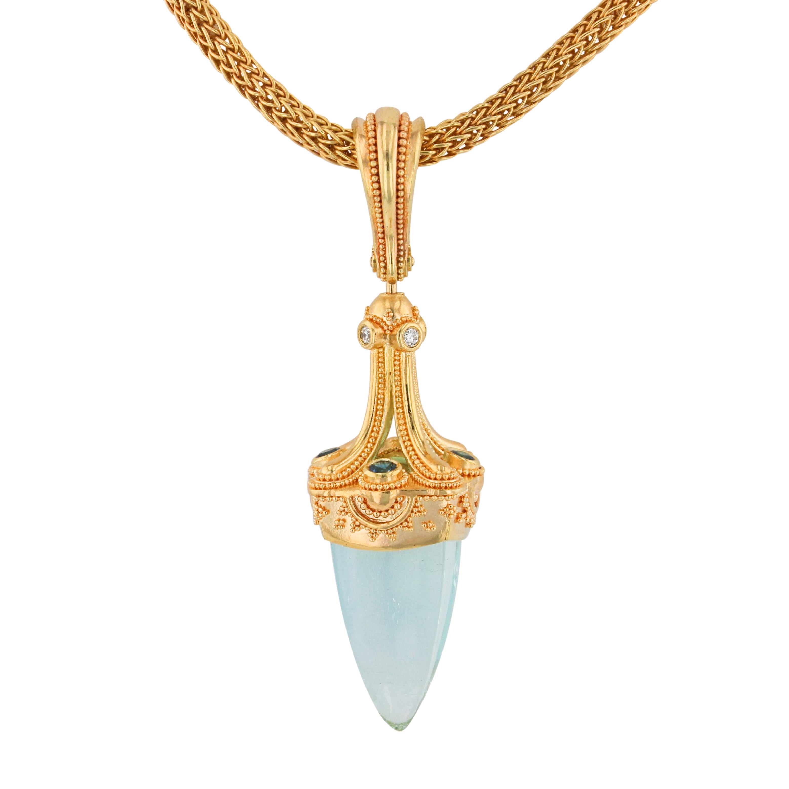 Women's or Men's Kent Raible 18K Gold Aqua, Diamond, Sapphire Pendulum Pendant Necklace Enhancer