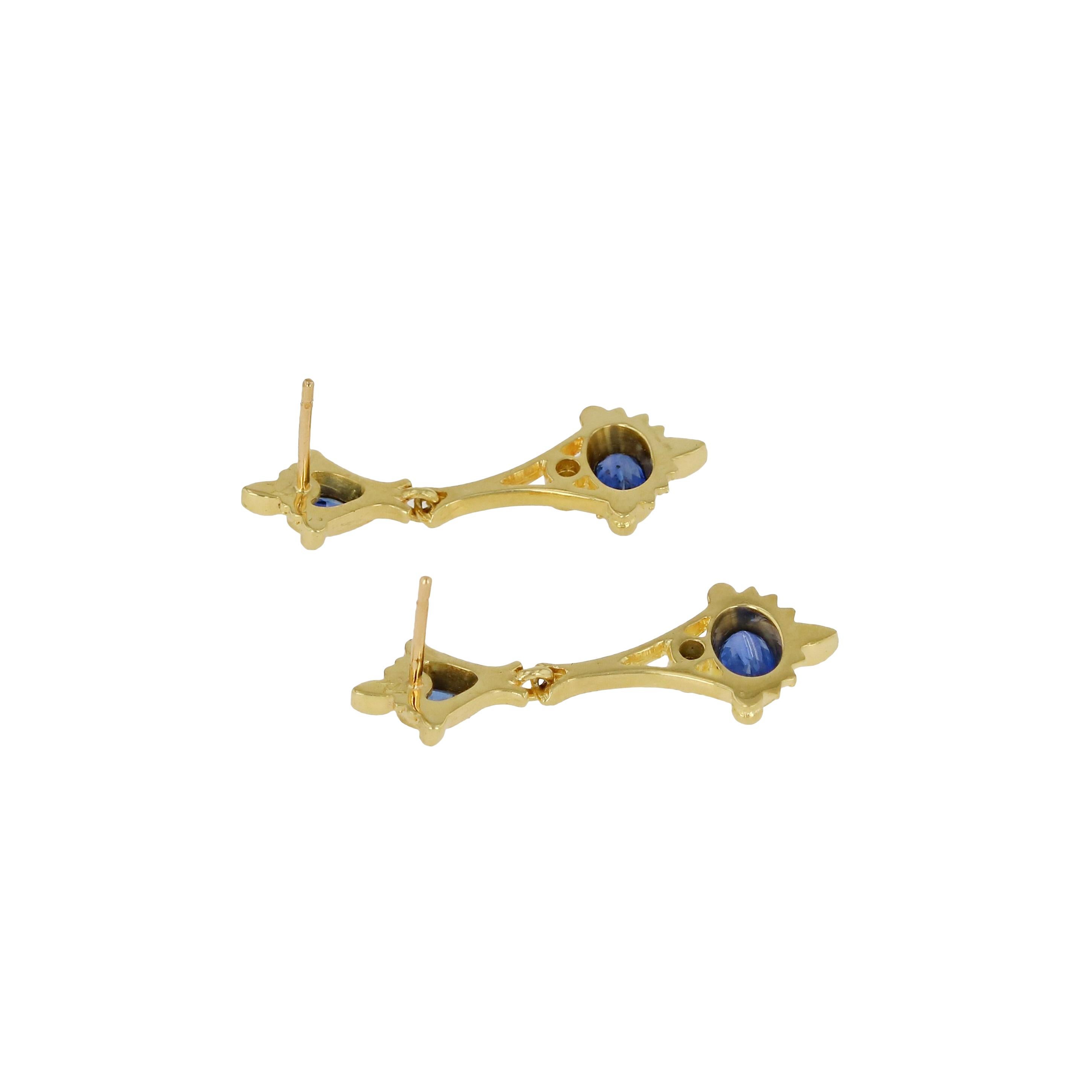 Pear Cut Kent Raible 18K Gold Blue Sapphire, Diamond Drop Earrings with Fine Granulation For Sale