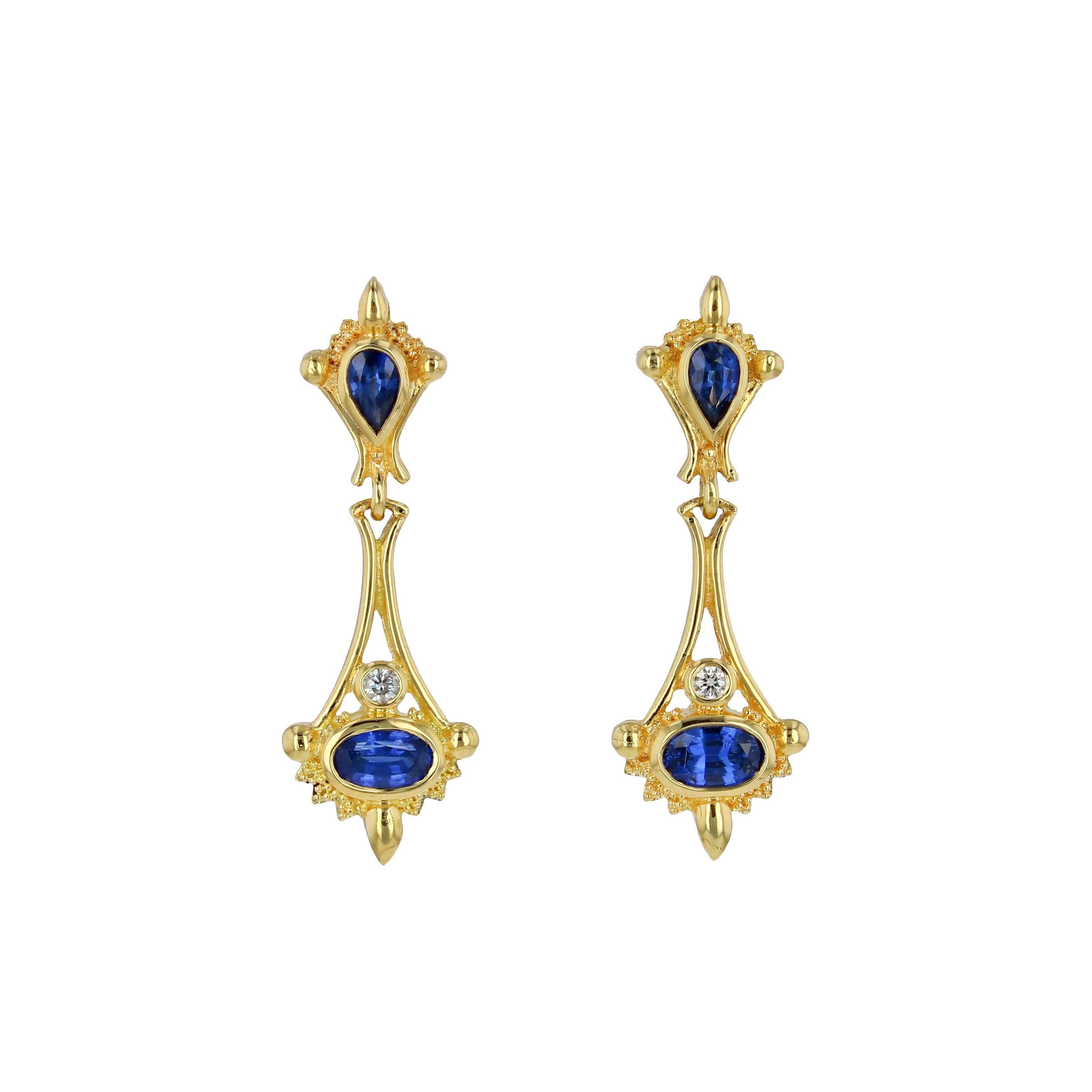 Women's or Men's Kent Raible 18K Gold Blue Sapphire, Diamond Drop Earrings with Fine Granulation For Sale