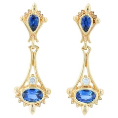 Kent Raible 18K Gold Blue Sapphire, Diamond Drop Earrings with Fine Granulation