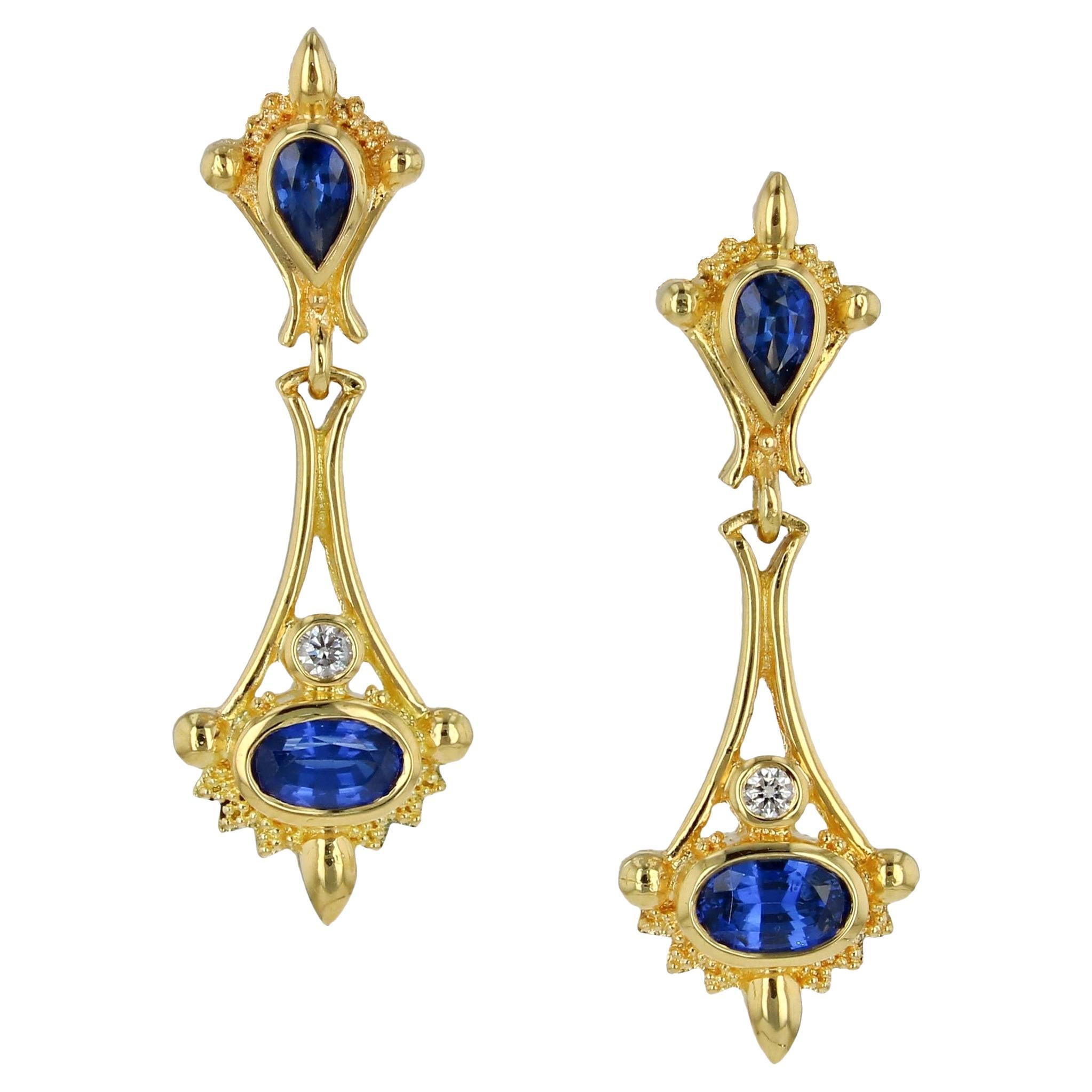 Kent Raible 18K Gold Blue Sapphire, Diamond Drop Earrings with Fine Granulation For Sale