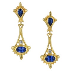 Kent Raible 18K Gold Blue Sapphire, Diamond Drop Earrings with Fine Granulation