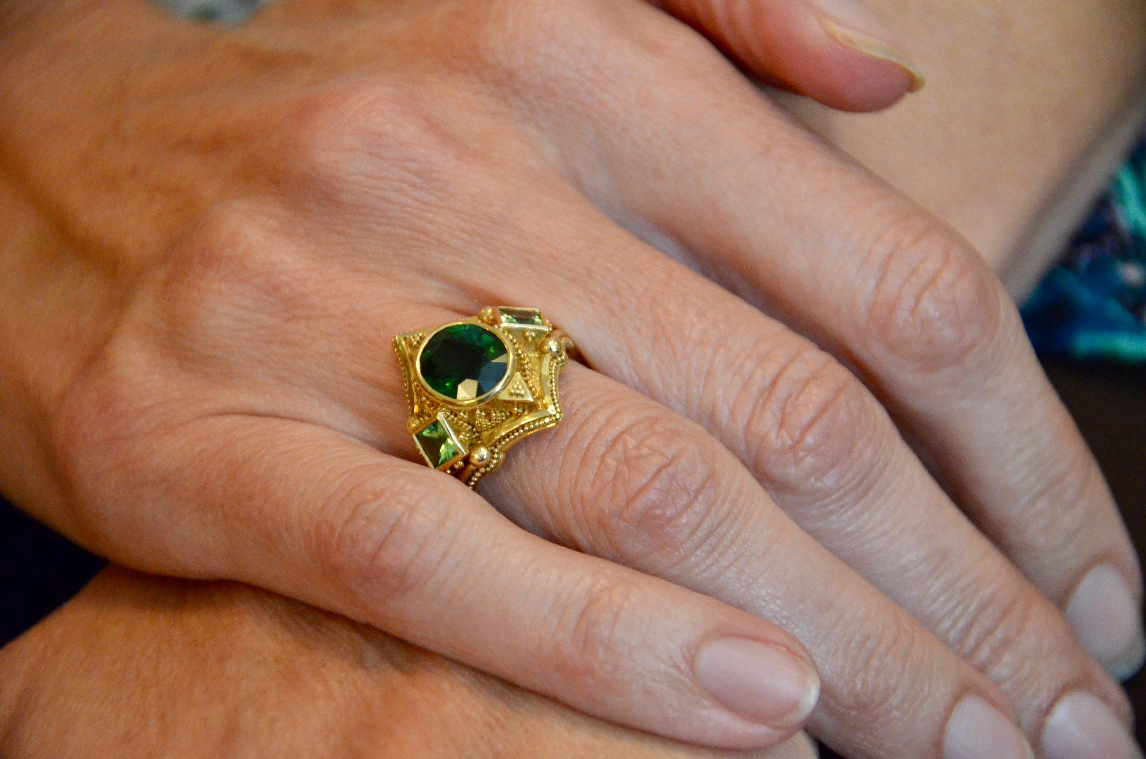 Mixed Cut Kent Raible 18K Gold Chrome Tourmaline and Tsavorite Cocktail Ring, Granulation