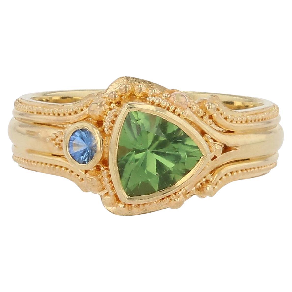 Kent Raible Bague cocktail en or 18K avec tourmaline Seafoam et saphir bleu en vente