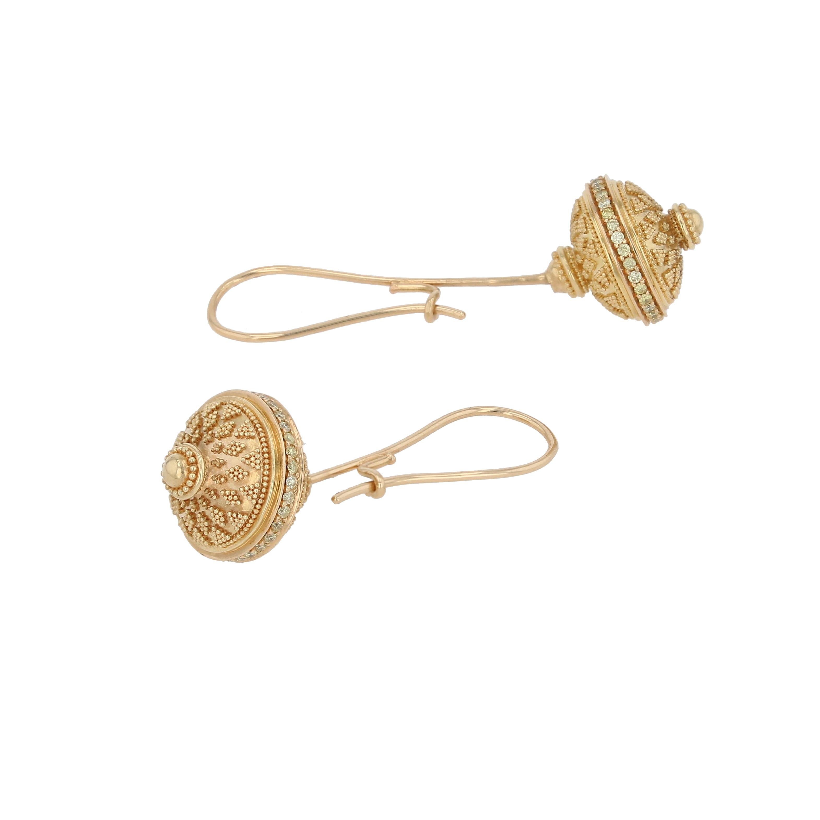Artigiano Kent Raible 18k Gold Flying Saucer Earrings with Yellow Diamonds and Granulation in vendita